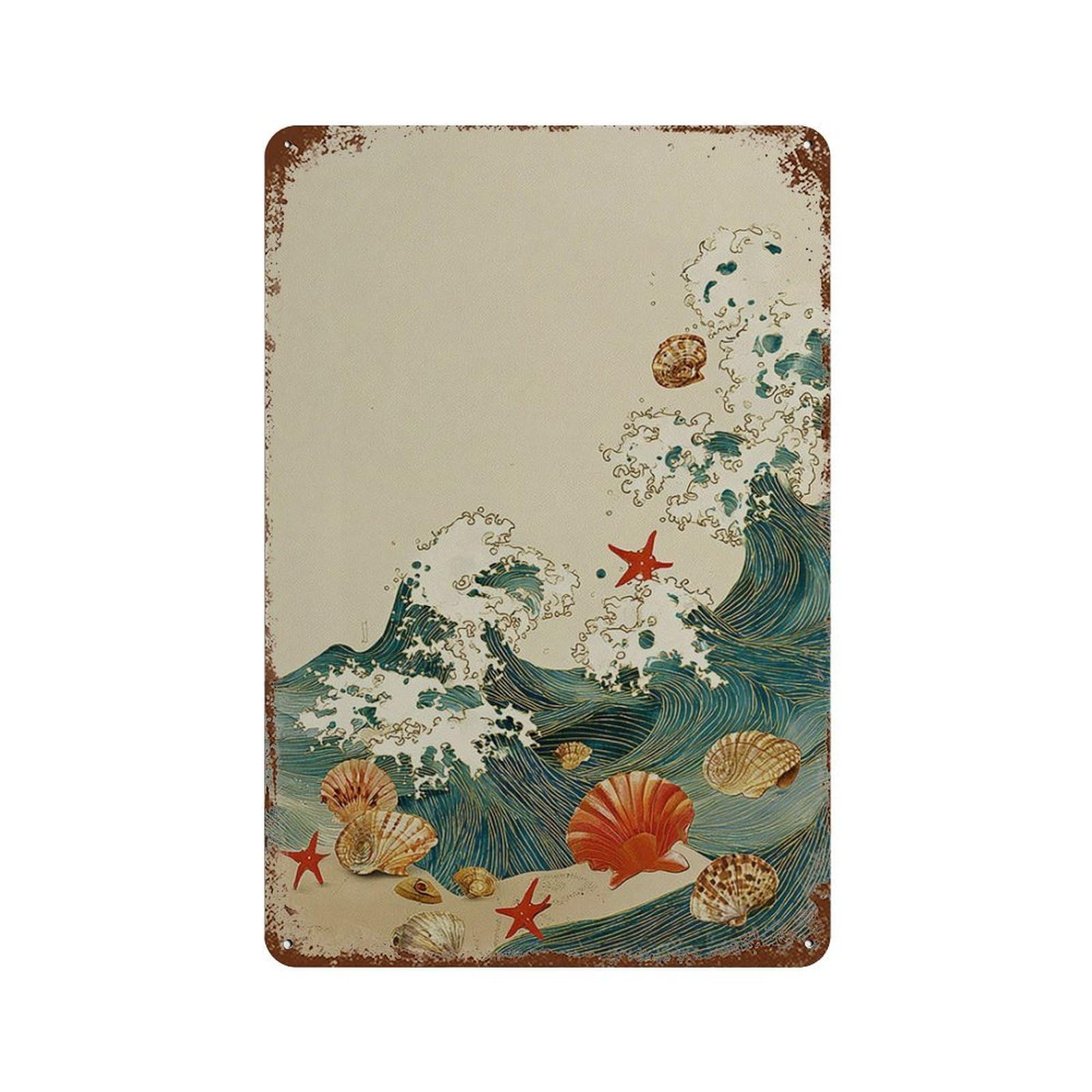 xiaoxiaoshen Ocean Waves Japanese Style Sea Shell And Starfish Coastal Wall Decor Art Metal Tin Poster Modern Home Decor Art Home Bar Shop Decorations Vintage Sign 30x20cm