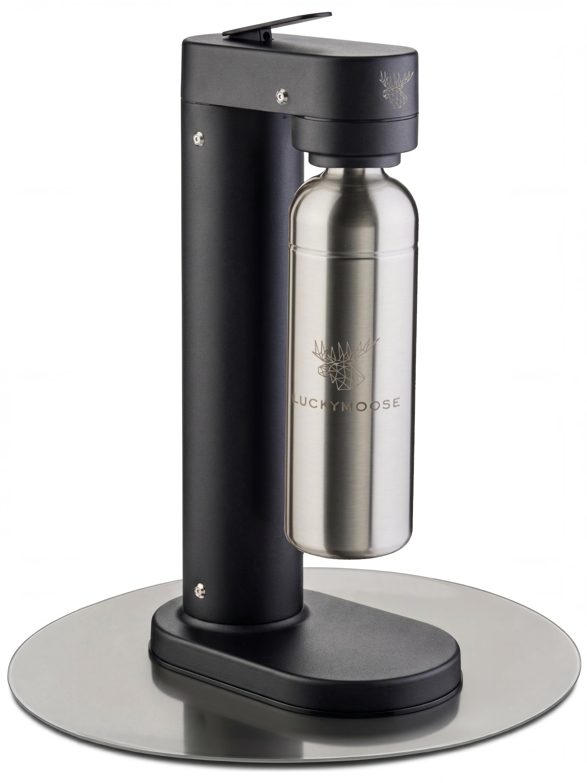 Luckymoose Infinity-S Saturator z wysokiej jakości stali nierdzewnej (Black/Silver) – w zestawie 2x butelki stalowe 1,25L – wyjątkowo higieniczna wyjmowana dysza – Trwała maszyna do wody gazowanej CO₂