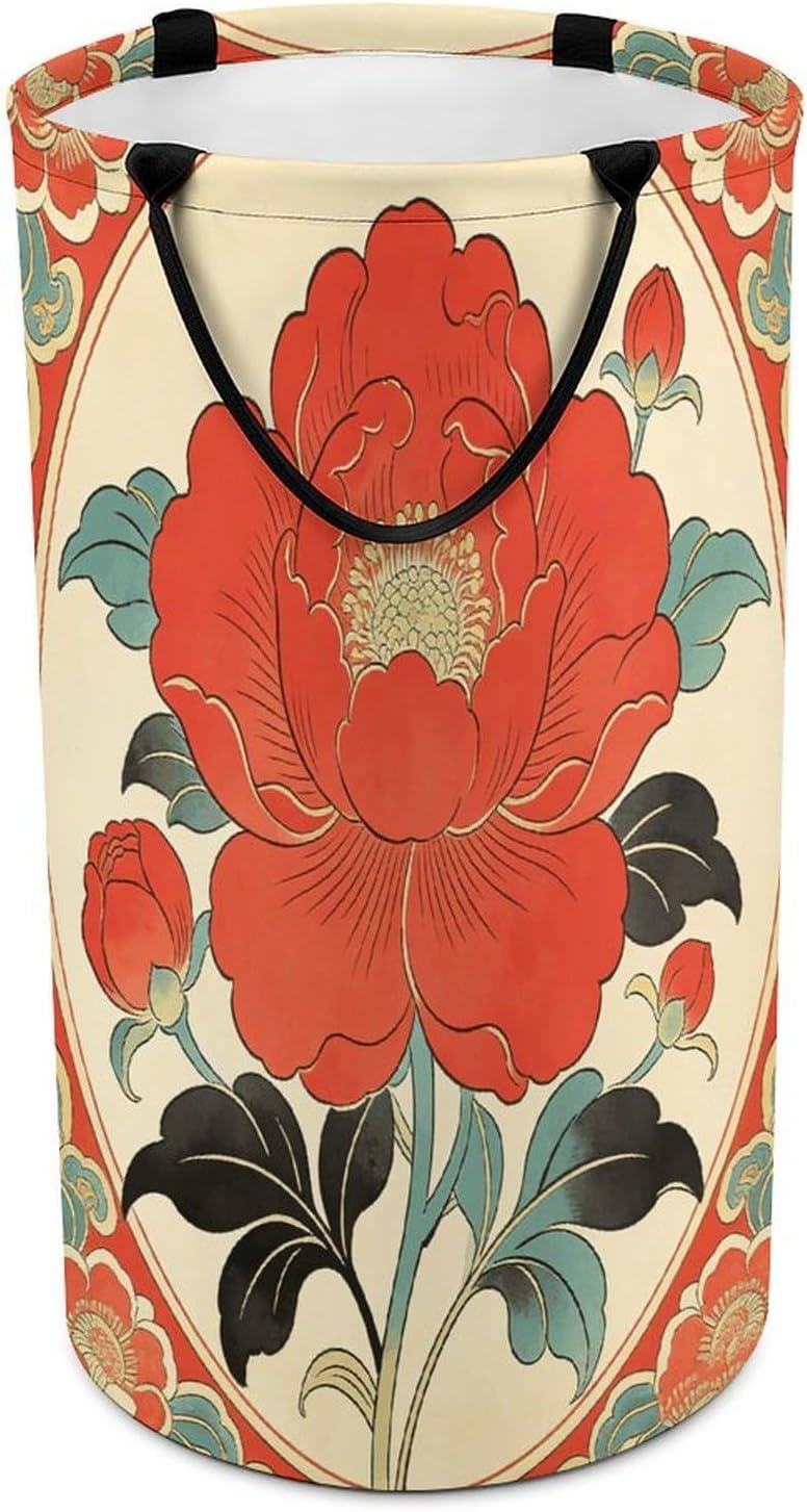 Red Classic Flower Laundry Hamper Fashion Dirty Laundry Hamper Portable Laundry Hampers with Handles Lightweight Large Clothes Storage Basket for Bedroom Bathroom