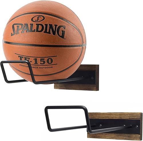 MyGift Estante de almacenamiento de bolas deportivas de metal negro con respaldo de madera quemada para montaje en pared, pelota de ejercicio,