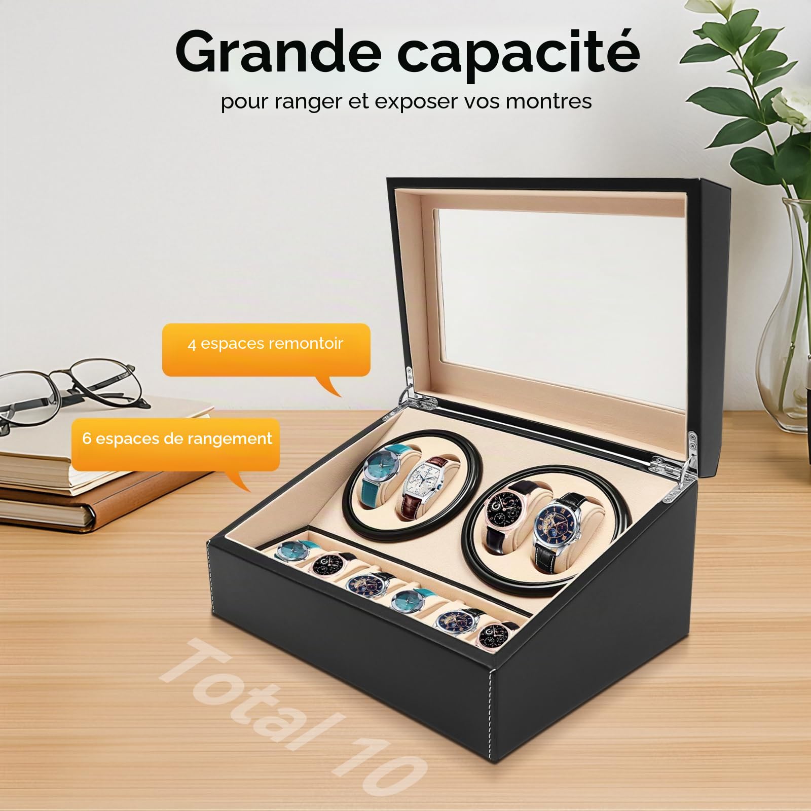 Boîte Automatique avec 4 Montres + 6 en Cuir PU pour Magasin et Maisons, Noir, De Luss