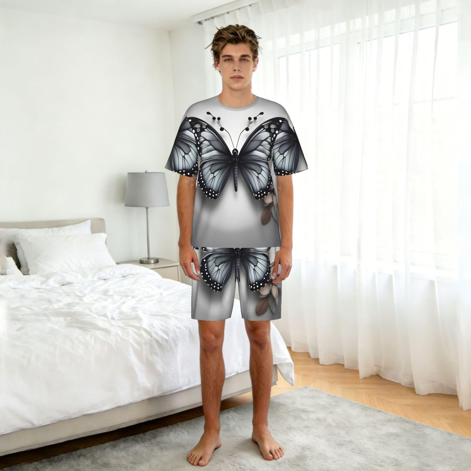 Conjunto de pijama clásico para hombre con estampado de mariposas y flores grises, pantalones cortos de pijama suaves para hombre, perfecto para las noches de verano