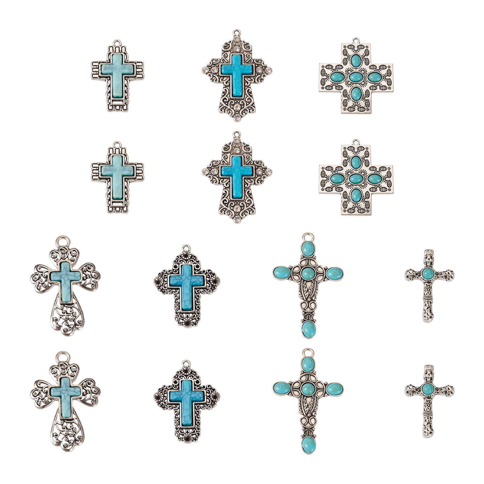 PandaHall 14pcs Tibetan Style Crucifix Cross Pendants Religious Cross Turquoise Dangle Charms for DIY Crafts Earrings Necklace Jewellery Making