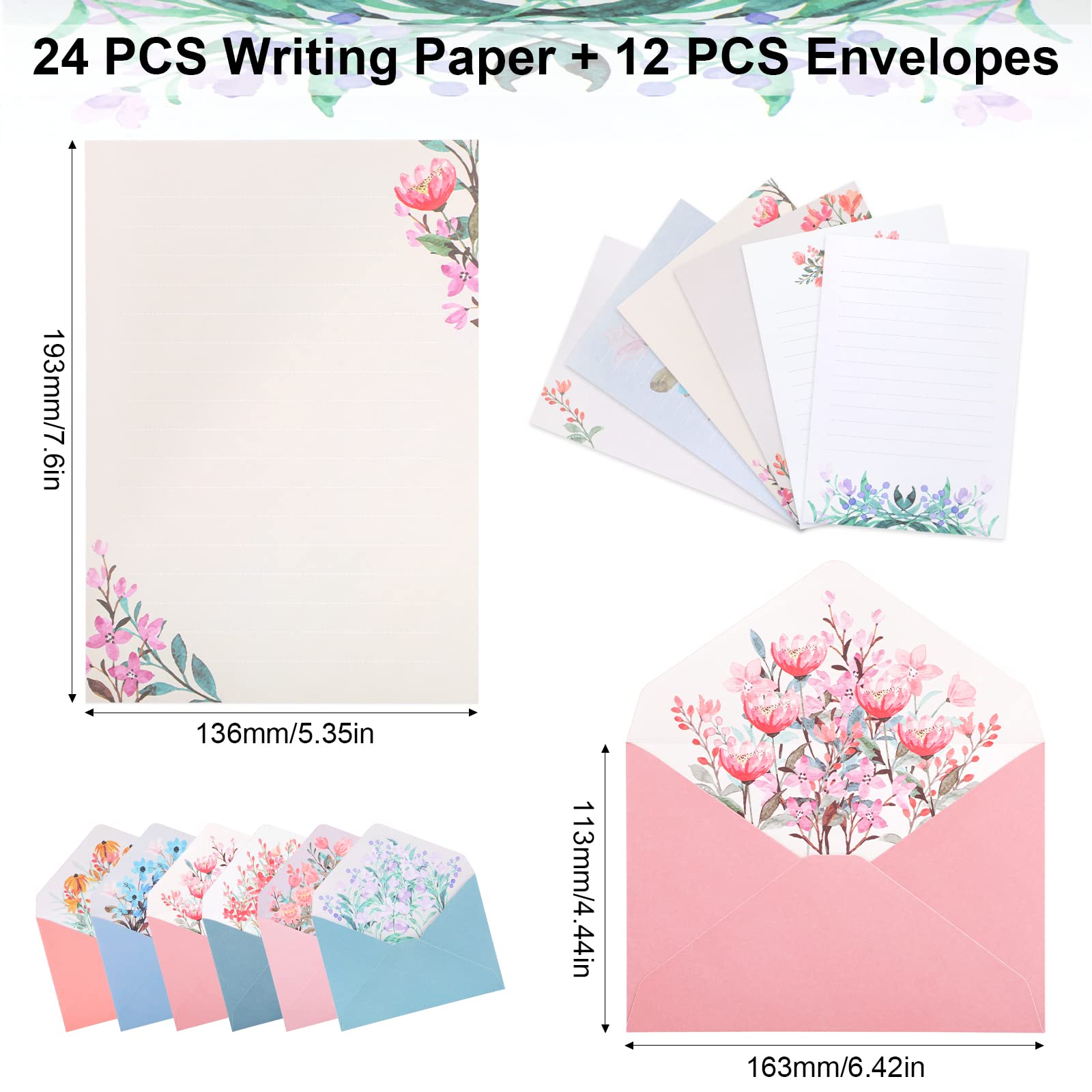 Writing Paper and Envelopes Set, 24 Pcs Stationery Papers with 12 PCS Envelops, Unique Flower Design Lined Letter Writing Set - Image 2