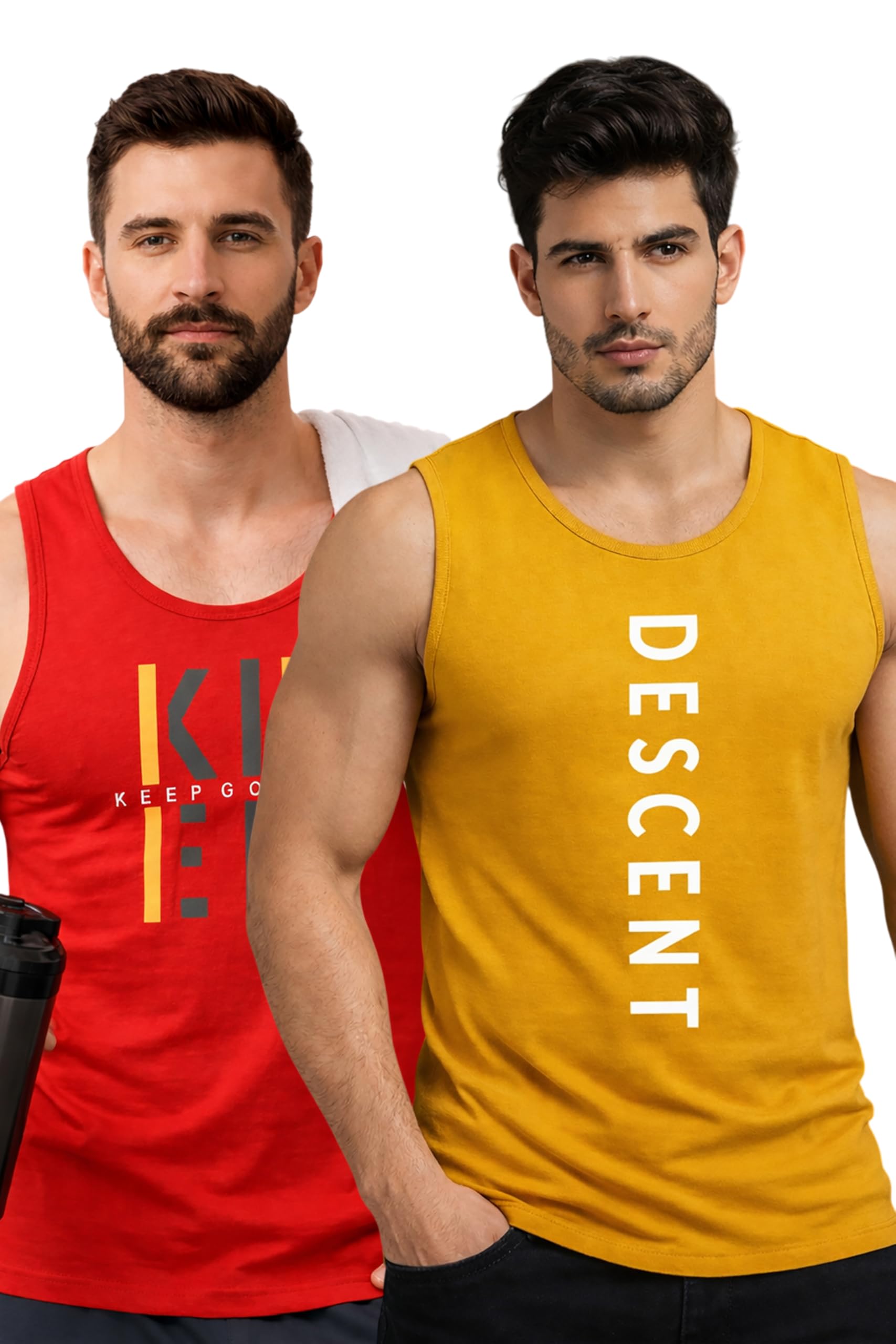 Polyester Letter Printed Vest for Men - Pack of 2 - Yellow & Red | Round Neck | Sleeveless | Regular Fit | Summer & Gym Wear Tank Top for Men-image-47