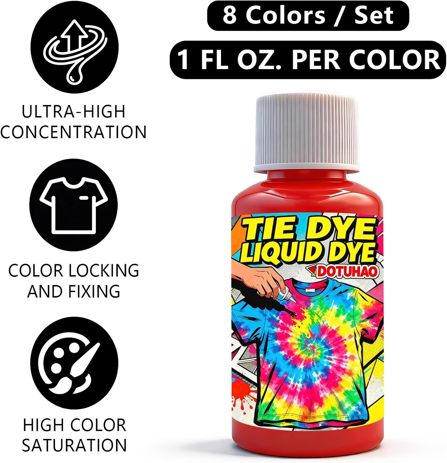 Tie Dye Liquid Dye Set, 8 Colors Concentrate Fabric Dyes, Creative Dyes for Home for Arts & Crafts, DIY Fabric Art, Just Add Water(8 Colors, 30 ml)