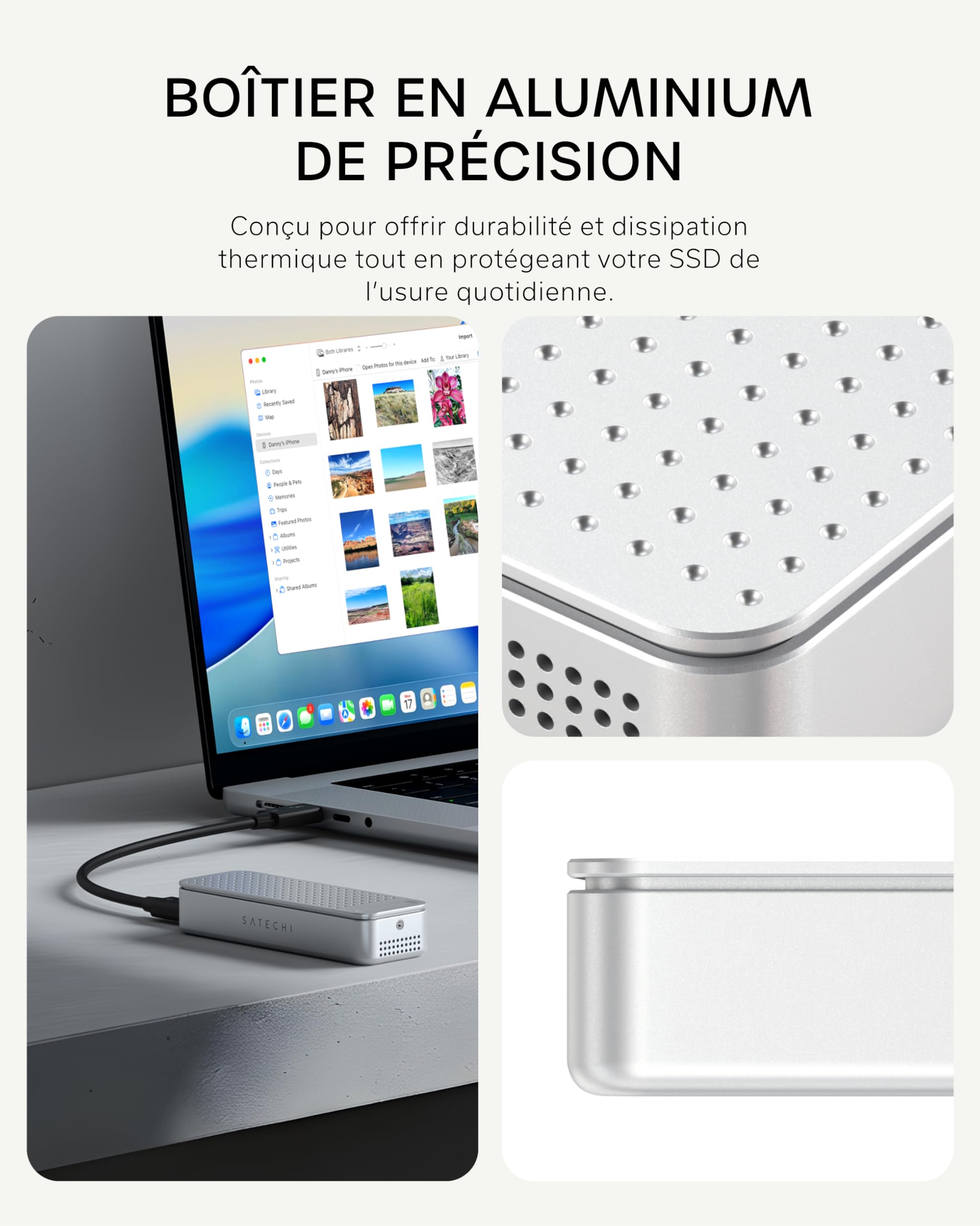 SATECHI DotDisk™ Boîtier SSD M.2 NVMe 80Gbps, USB4 V2 en Aluminium avec Refroidissement Actif, Transfert Ultra Rapide pour Thunderbolt 5 et USB4 – Argent