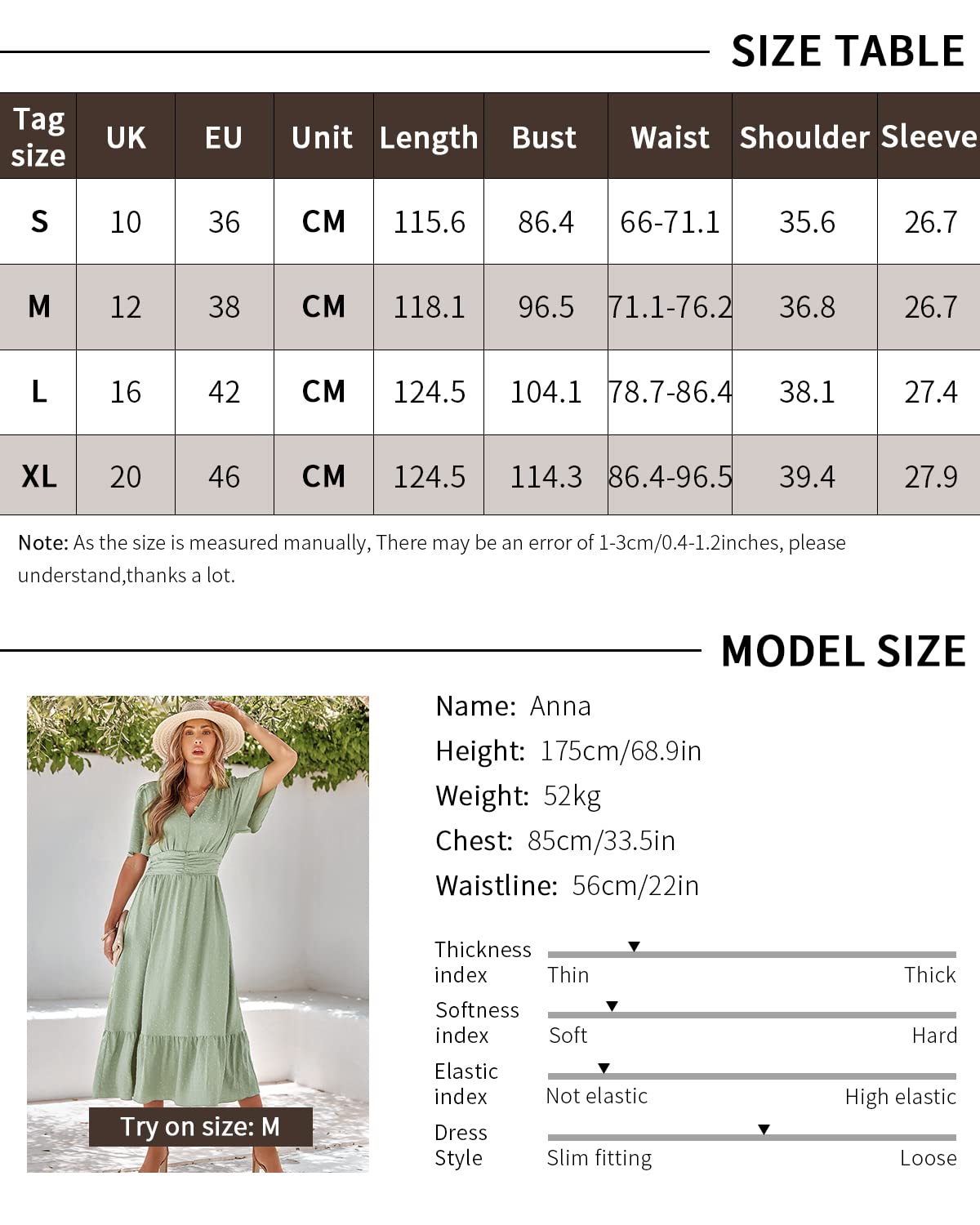 BebreezChic Letnia sukienka damska, długa, w stylu boho, elegancka sukienka z krótkim rękawem, dekolt w serek, wysoka talia, szwajcarska kropka, marszczona sukienka plażowa
