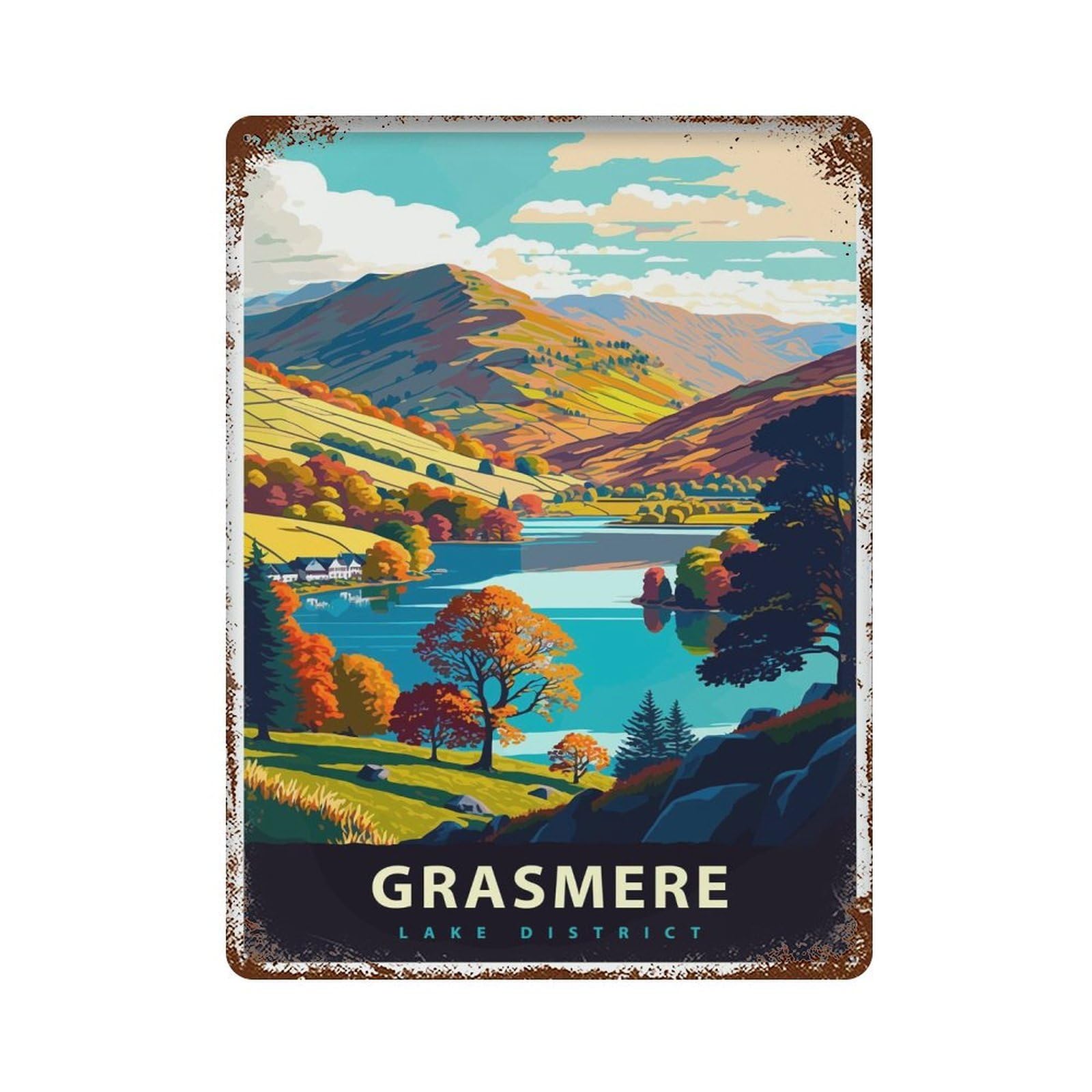 xiaoxiaoshen Grasmere Lake District Travel UK Scenic Village Wall Decor Art Metal Tin Poster Modern Home Decor Art Home Bar Shop Decorations Vintage Sign 40x30cm