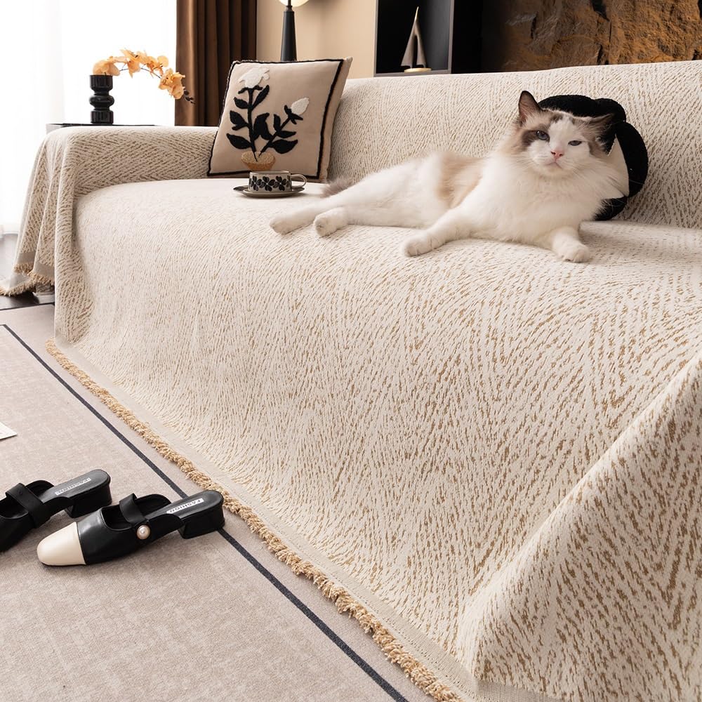 LIQOOEO Textured Chenille Couch Cover with Boho Tassel