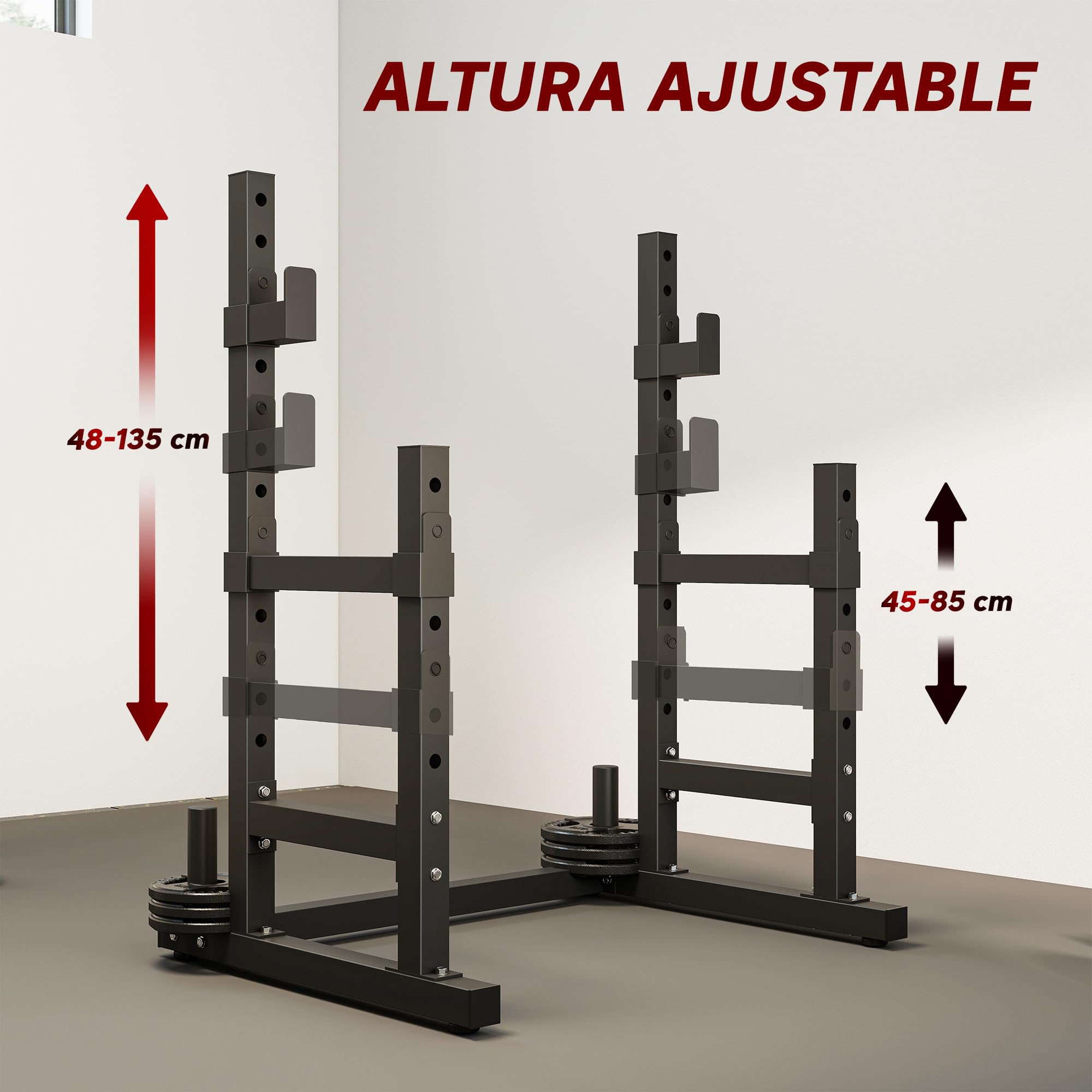 SPORTNOW Soporte para Pesas Sentadillas Ajustable, Topes Seguridad | Soporte Barra Pesas, Rack de Press de Banca, Musculación en Casa Gimnasio, Carga 300 kg, Altura Regulable 48-135/45-85 cm