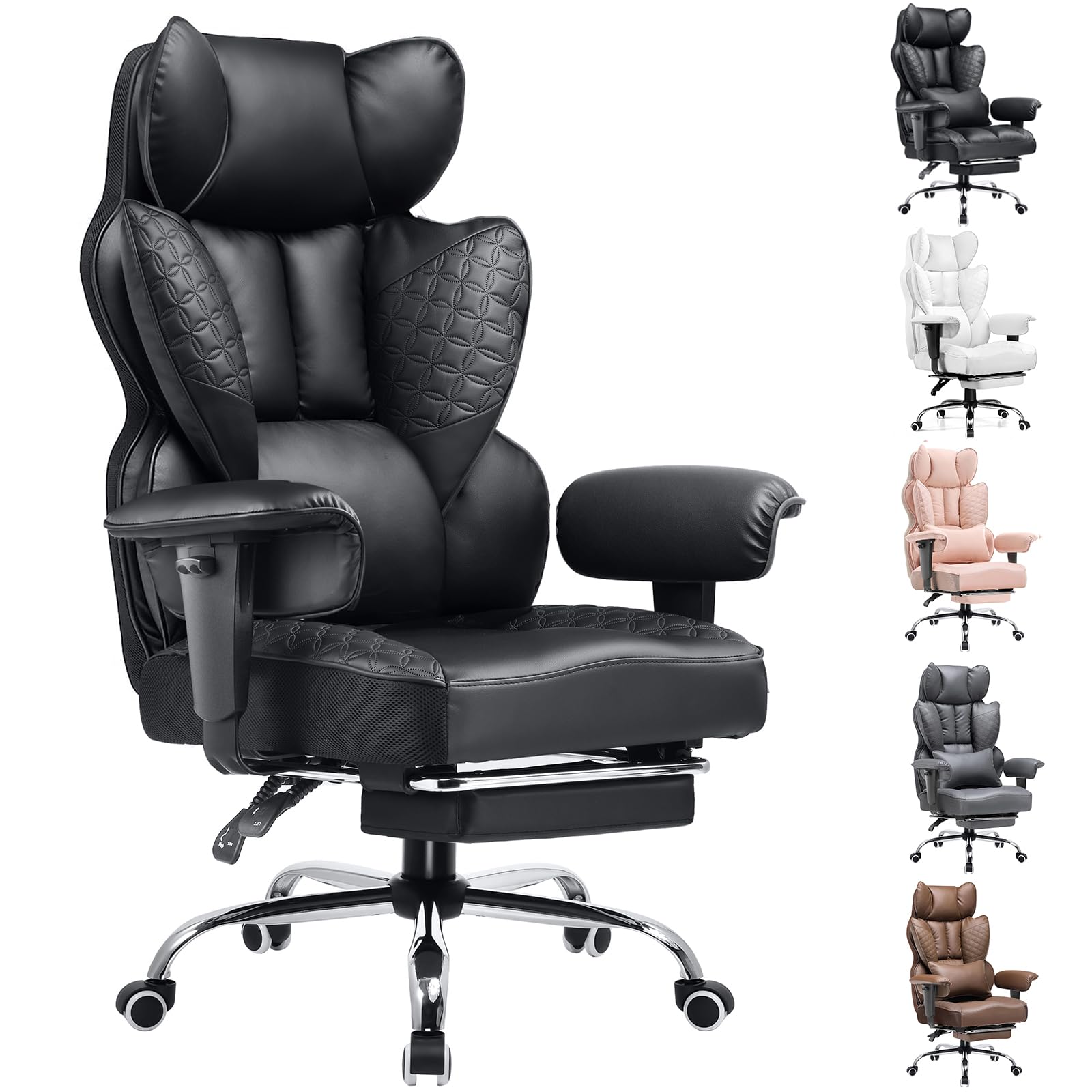 COMHOMA Big and Tall Office Chair Heavy Duty Wide Ergonomic Gaming Chair with Deluxe Embossing Leather with Foot Rest 150°Reclining Adjustable Armrests Pocket Spring Back Support and Without Pillow