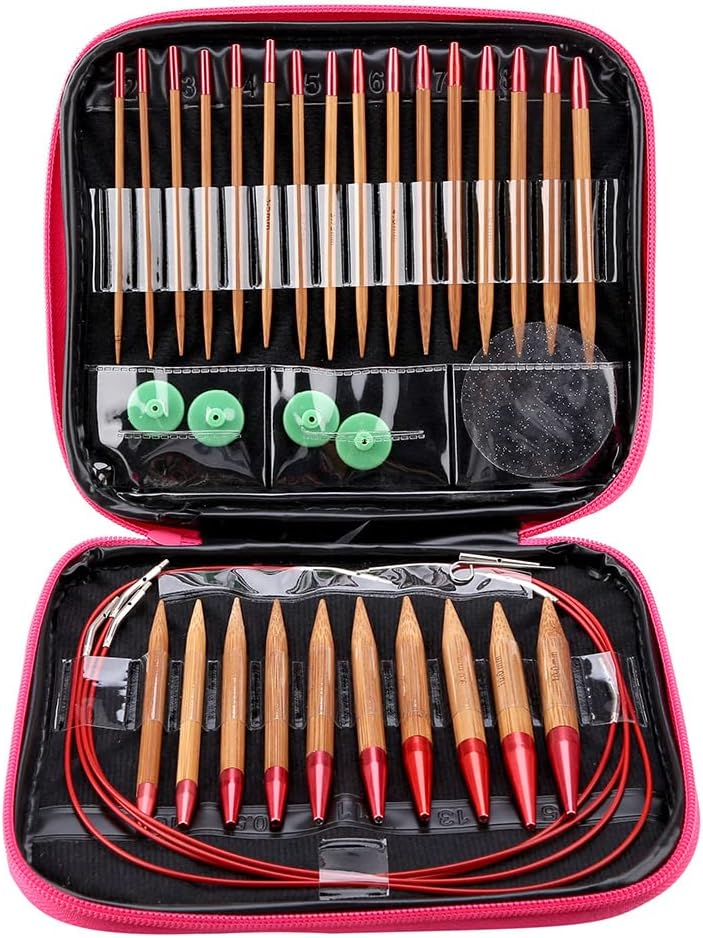 Fdit Interchangeable Carbonized Bamboo Knitting Needles, Aluminum Circular Needles Ring Set with Pouch