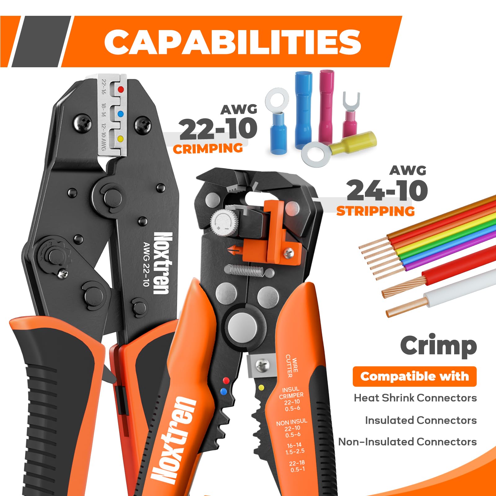 Pelacables y herramienta de crimpado, herramienta pelacables autoajustable AWG 24-10 con crimpadora de terminales de alambre de trinquete AWG 22-10 para conectores de alambre termorretráctiles