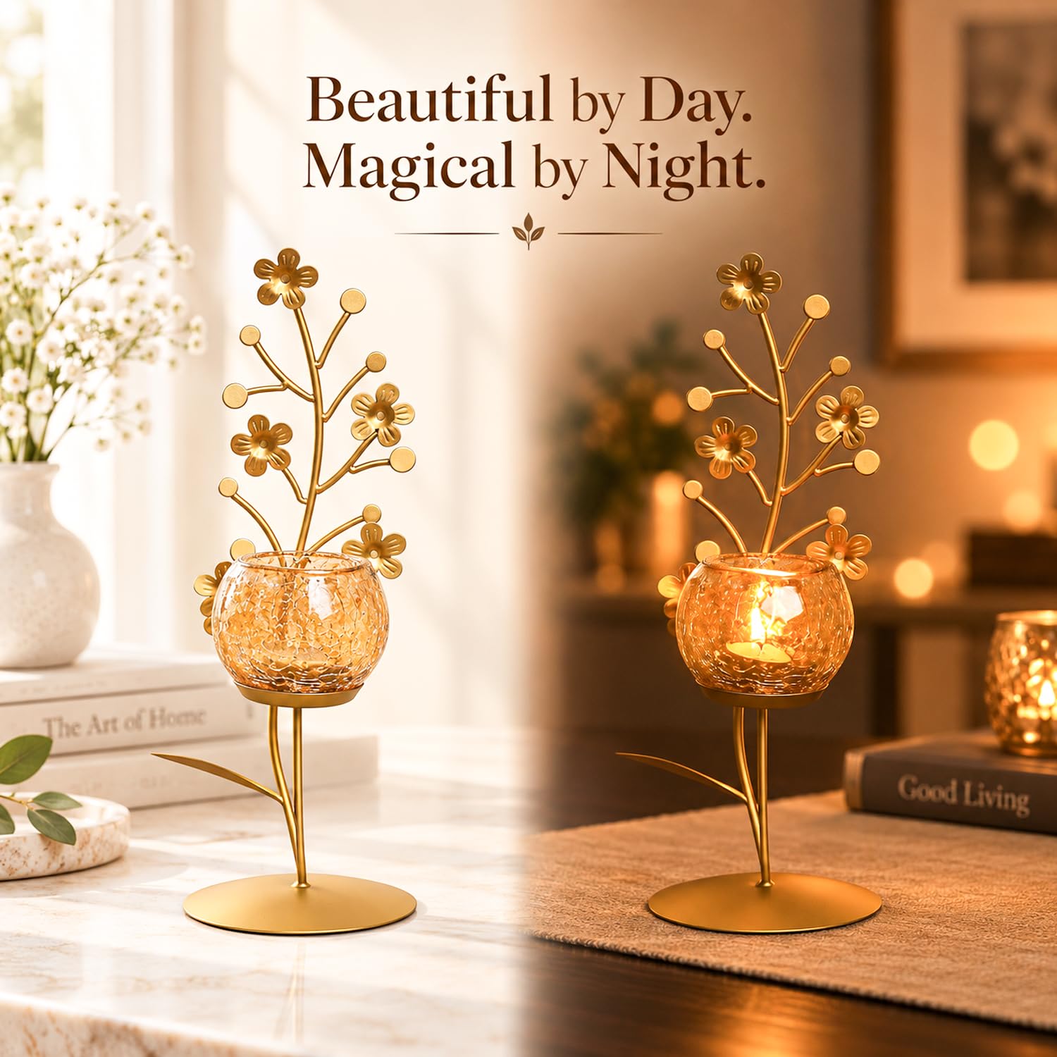 Golden Metal Glass Votive Holder - Elegant Candle Decor -7