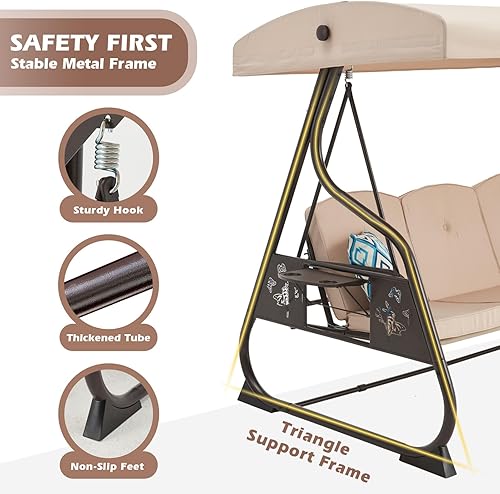 Miniatura 3 de Columpio de 3 asientos para patio, porche, columpio para exteriores de 800 libras con soporte con toldo y respaldo ajustable con almohadas