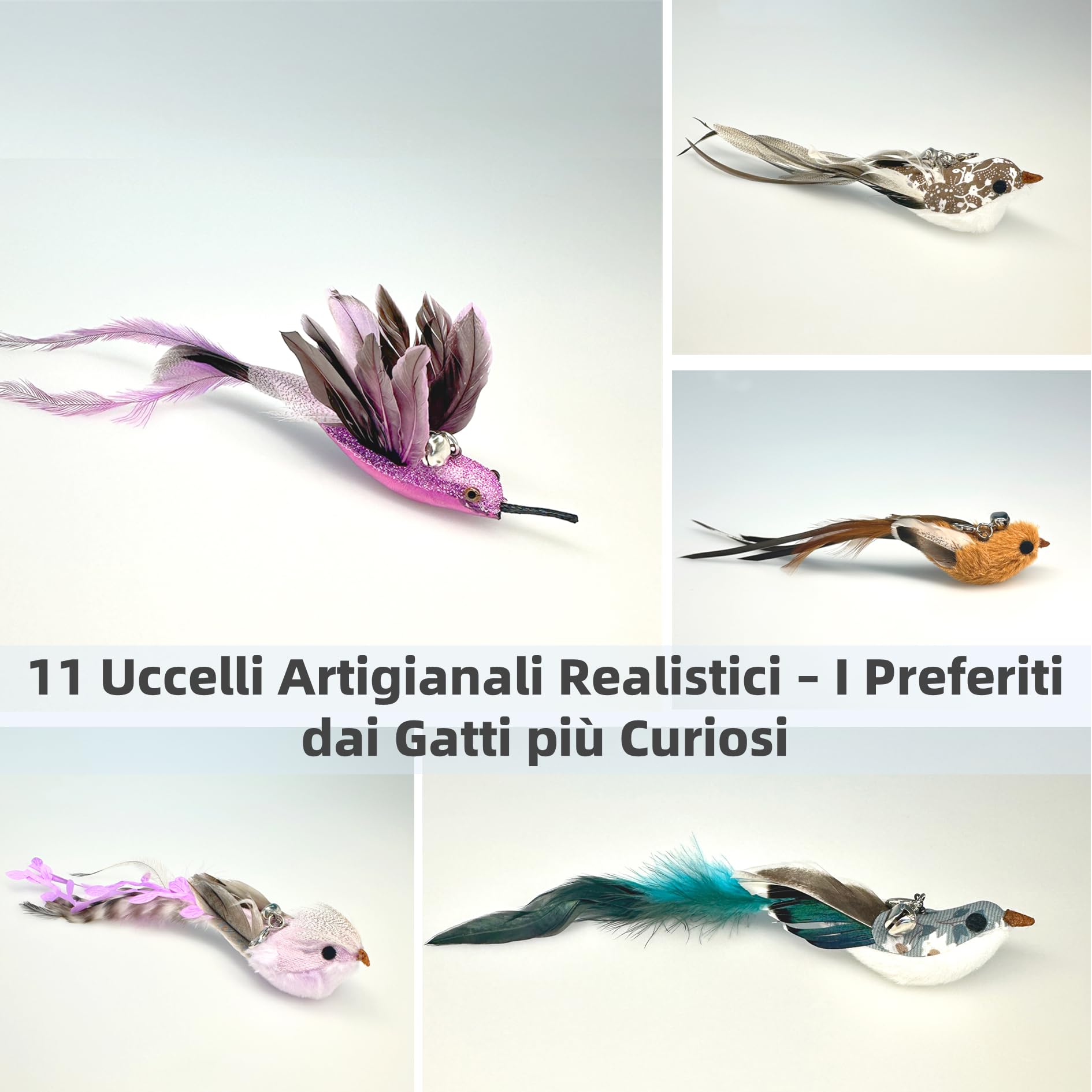 11 Pezzi Piume Uccelli Naturali per Bacchetta Gioco Gatto, Giocattolo Interattivo con Campanellini, Accessori e Testine di Ricambio per Gatti, Regalo per Cuccioli e Gattini