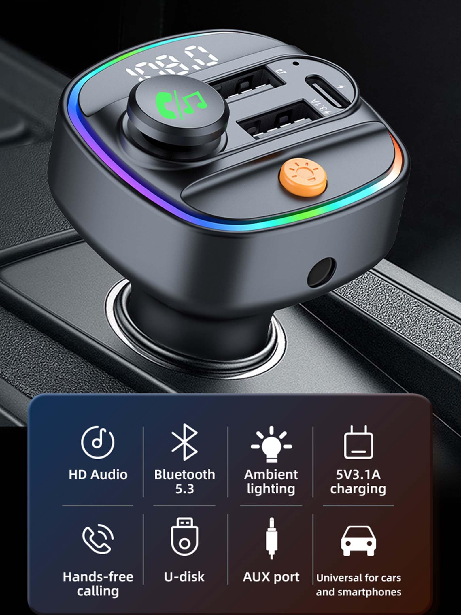 Bluetooth 5.3 FM Transmitter for Car, Wireless Car Adapter with Hands-Free Calling, Navigation Announcement, USB/AUX Playback, Dual USB & Type-C Fast Charging, for iPhone/Android/Smartphones