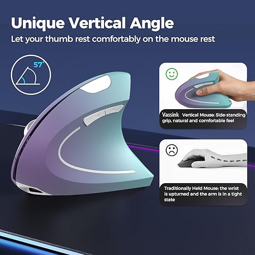 Miniatura 3 de Vassink Ratón ergonómico inalámbrico recargable, conexión USB A+tipo C (2 en 1), 80012001600 DPI, 6 botones, 2.4 GHz túnel carpiano vertical ratones