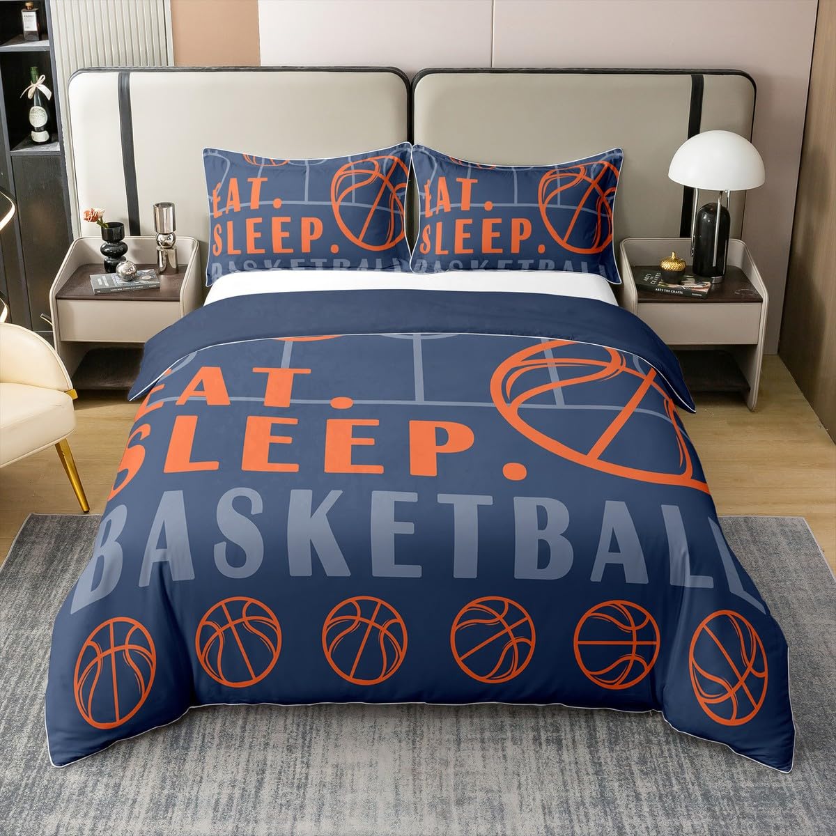 Basketball 100% Cotton Duvet Cover Double for Kids Teens Adults,Sport Ball Theme Bedding Set,Basketball Game Bed Set,Sports Lover Quilt Cover with 2 Pillow Shams Soft