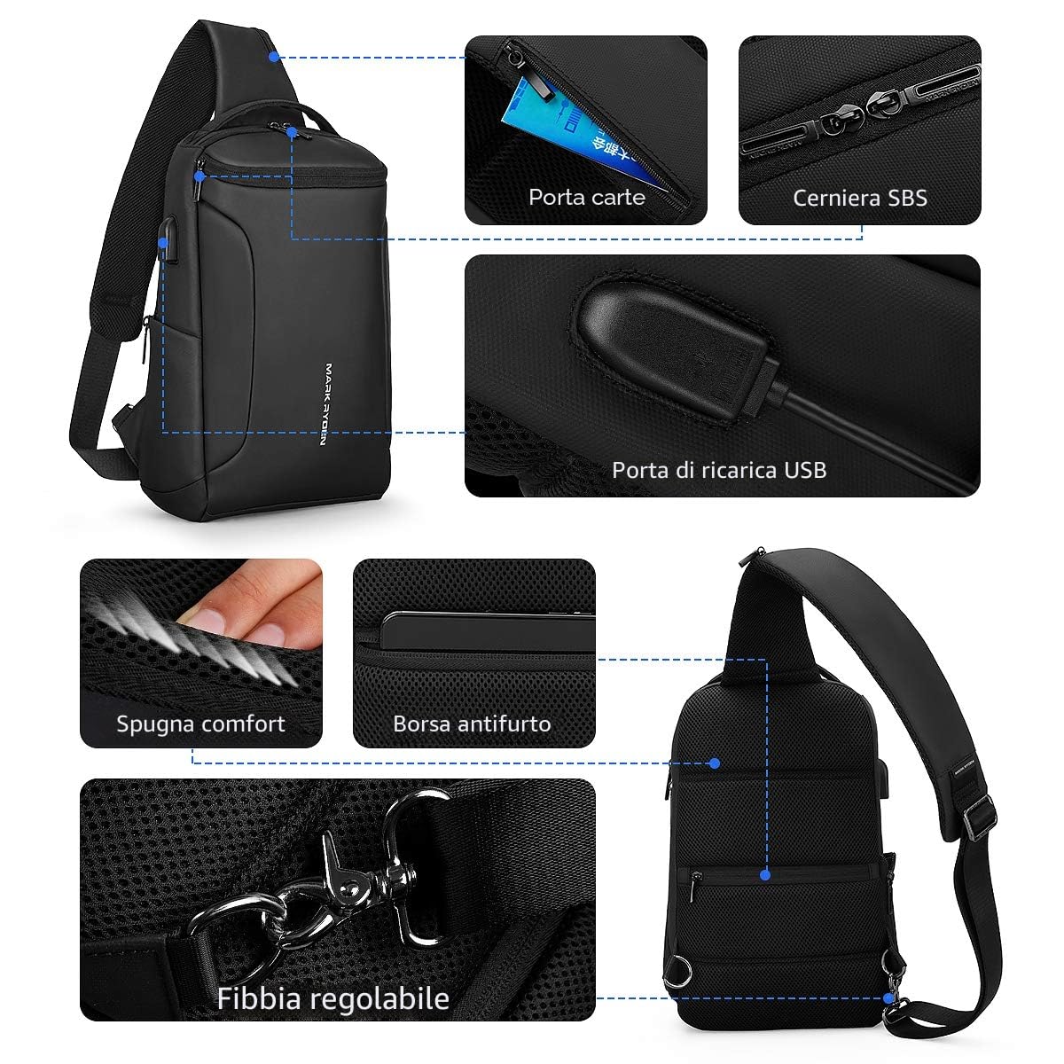 Muzee Borsa a tracolla, Monospalla Uomo impermeabile antifurto, Daypack casual per uomo, per iPad da 10,5 pollici