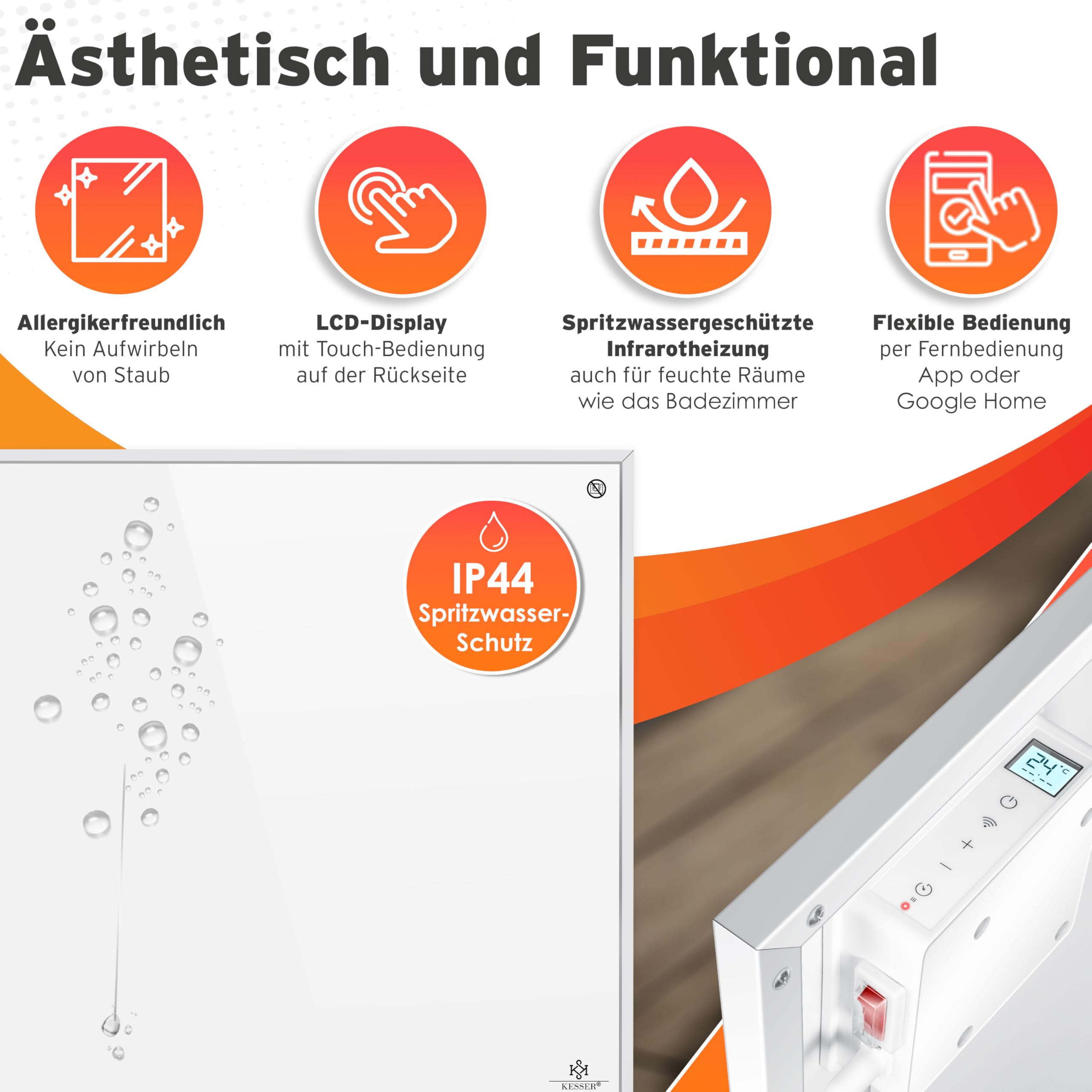 KESSER® Calefacción por infrarrojos de ahorro energético, dispositivo independiente por infrarrojos y montaje en pared, calefacción eléctrica de 550W con mando a distancia, termostato y control por