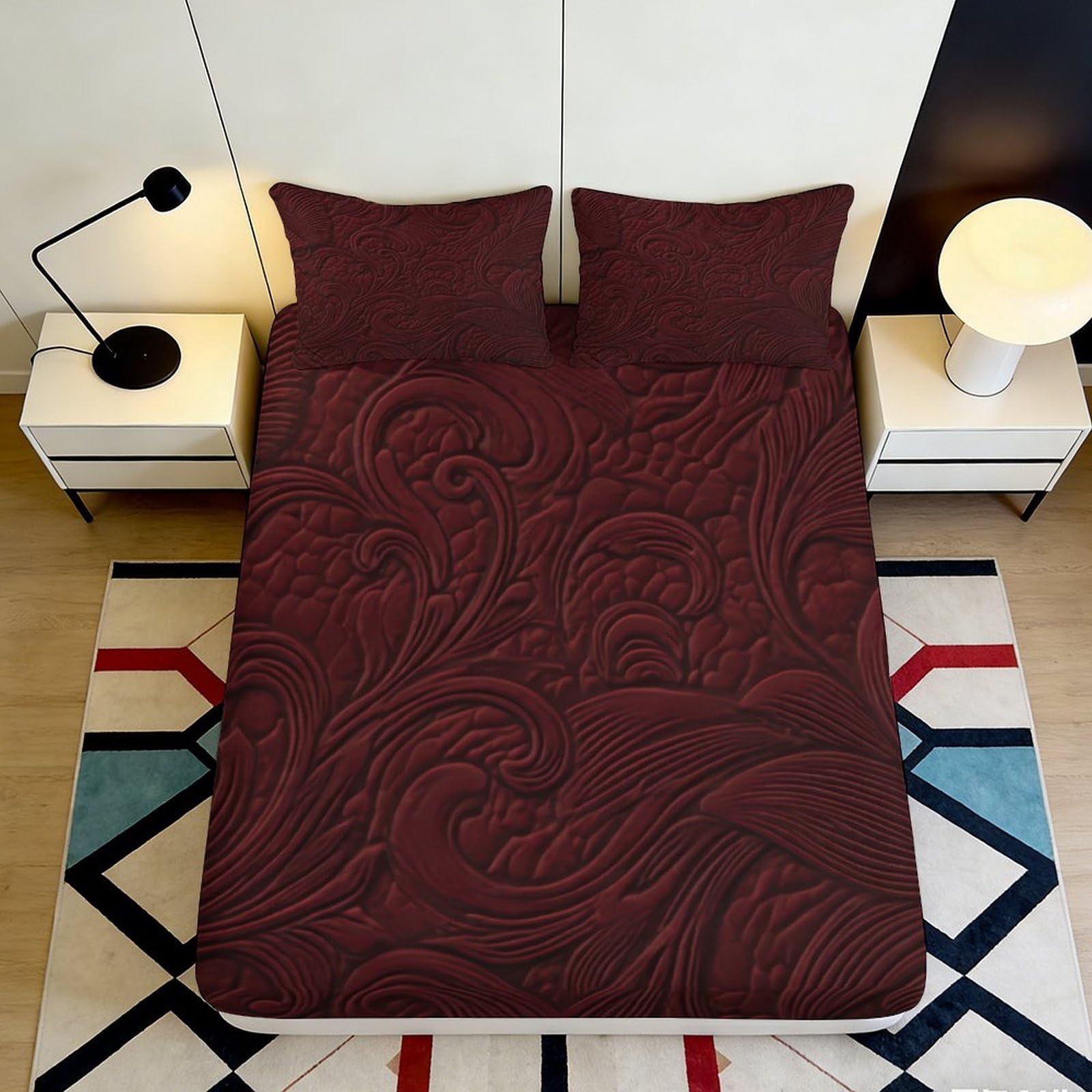 3D Printed Paisley Swirl Fitted Sheet Microfiber Maroon Elegant Mattress Cover Bedroom Dorm Decor Protection 90x200x25cm