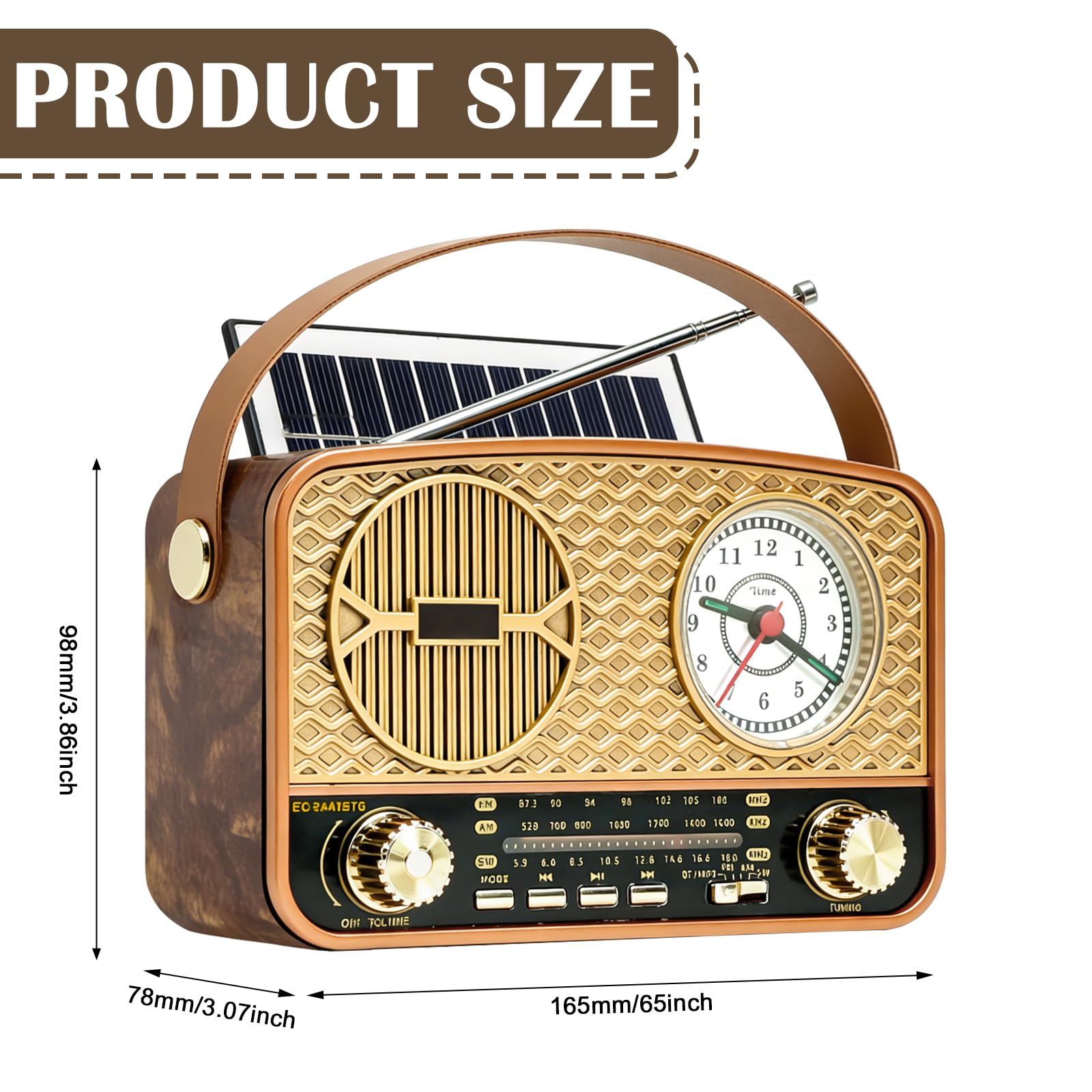 Radio retro AM/FM/SW Radio portátil pequeña, vintage, funciona con batería, radio solar con panel solar, radio de cocina con altavoz Bluetooth, compatible con función USB/TF, función de reloj