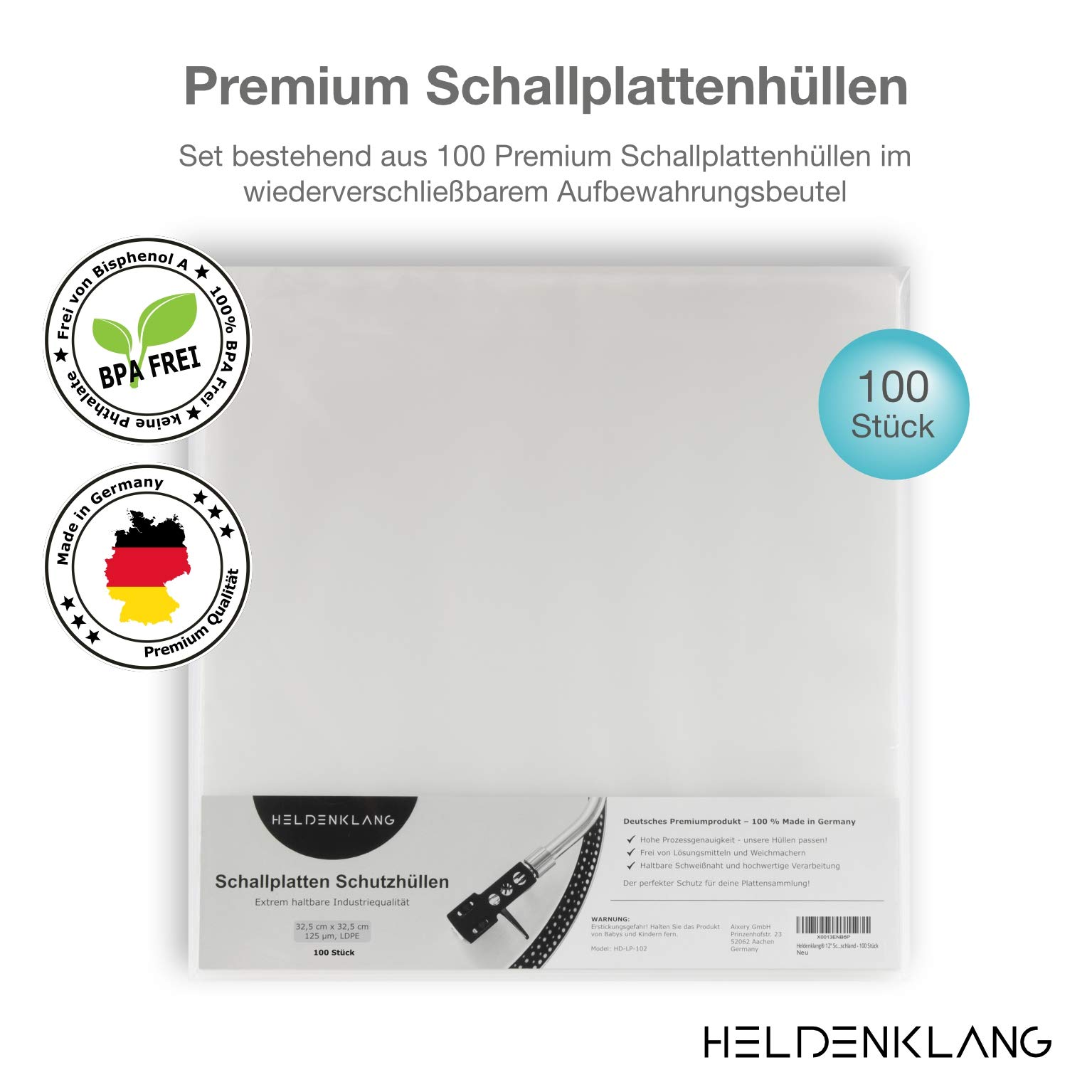 Custodie per dischi in vinile da 12", extra spesse, molto trasparenti, prodotte in Germania, 100 pezzi