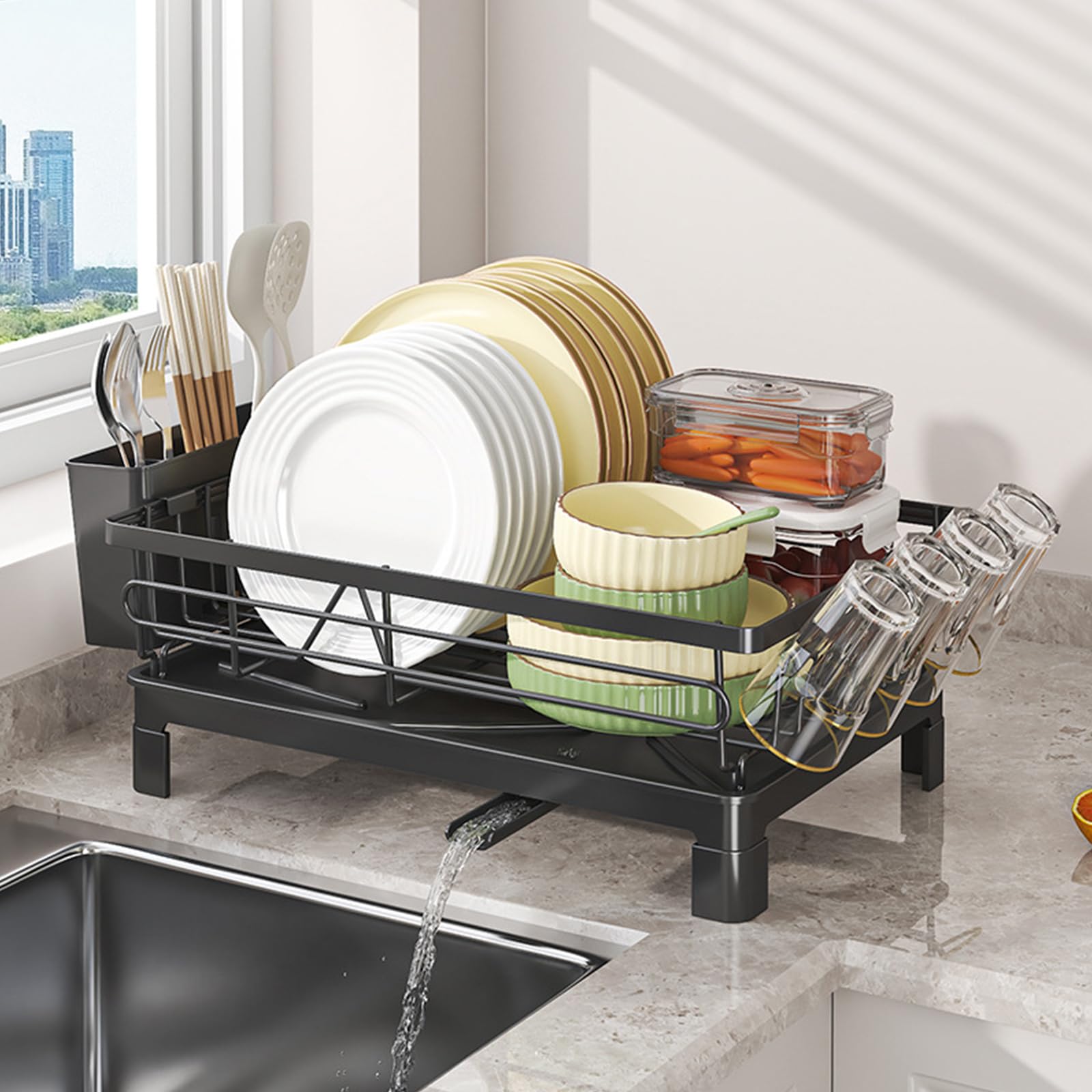 Eytzpto Dish Drying Rack, Space-Saving Dish Rack for Kitchen Counter, Dish Drainer with Cutlery Holder and Cup Holder, Utensil Holder with Drainboard for Various Kitchenware