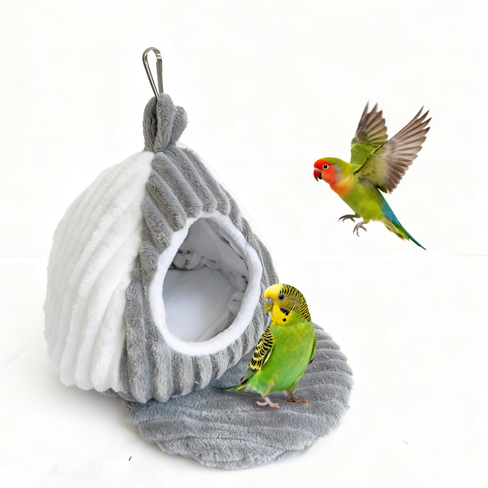 CQJ Bird Hanging Hammock Nest Parrot with Soft Plush Hanging Hammock & Hut Tent for Cage Winter Bird Hideaway Hut for Cockatiels Budgies Parakeets Lovebirds Conures Hamsters (grayish white M)