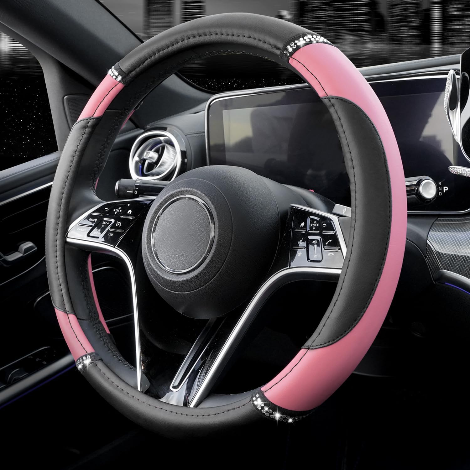 Bling Leather Steering Wheel Cover, 15 Inch Anti-Slip, Pink