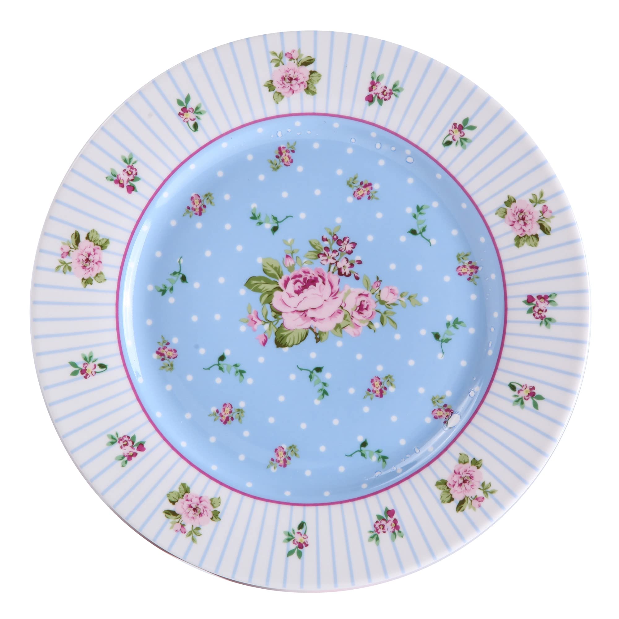 London Boutique Lot de 4 assiettes à gâteau en porcelaine fine à bords larges Style shabby chic Bleu rose, 7.5 inch