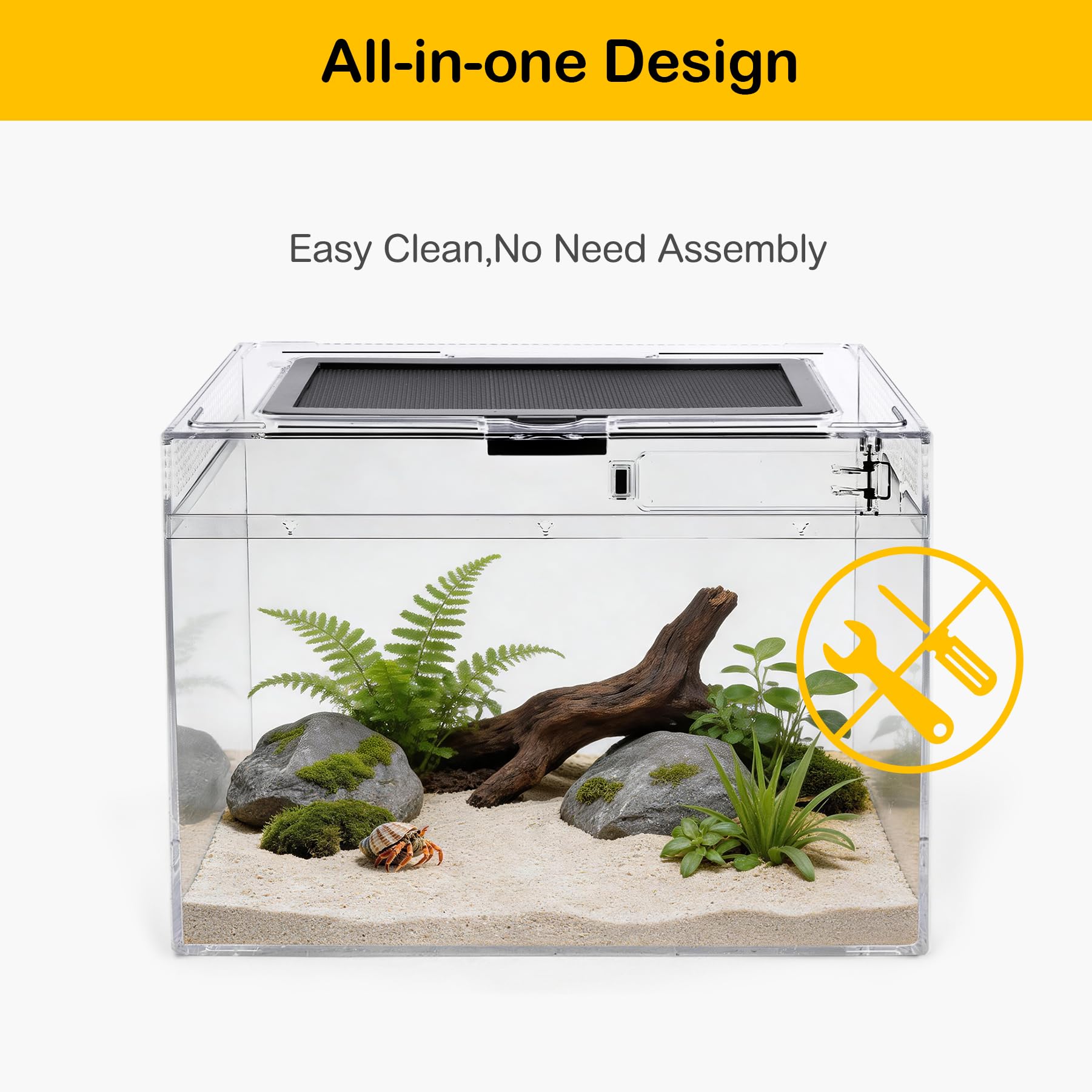 Terrario de Vidrio de policarbonato para Reptiles, antiroturas, 15 x 8 x 9.7 Pulgadas, Kits de Inicio de Tanque de Anfibios, Pantalla de Puerta corrediza Superior, Mini jaulas de hábitat, termómetro