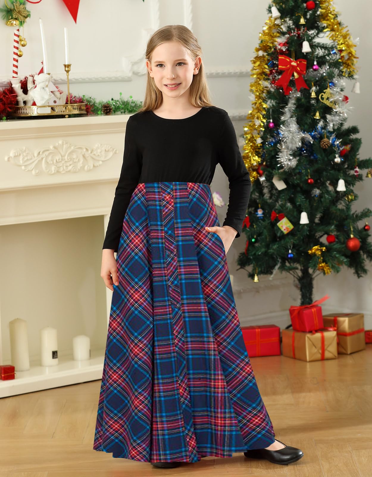 KYMIDY Maxikleid für Mädchen, Büffelkaro, kariert, langärmelig, Freizeitkleider mit Taschen, für Mädchen von 6–14 Jahren