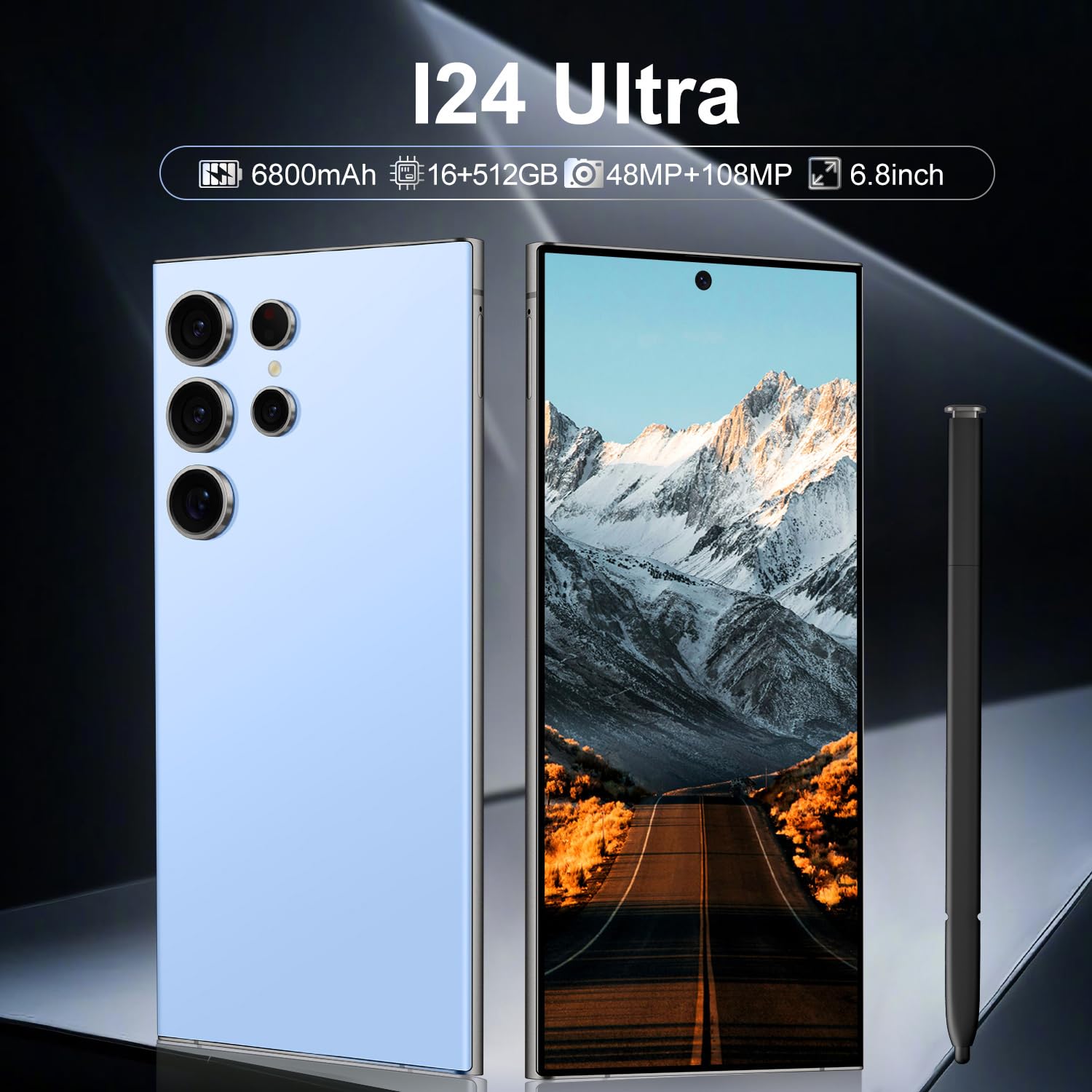 I24 Ultra Unlocked Phone,Built in Pen The Phone,Smartphone Battery 6800mAh 6.8" HD Screen,Android 14 16+512GB with 128GB Memory Card Cell Phone,5G/Face ID/Fingerprint Lock/GPS (Blue, 16+512GB)