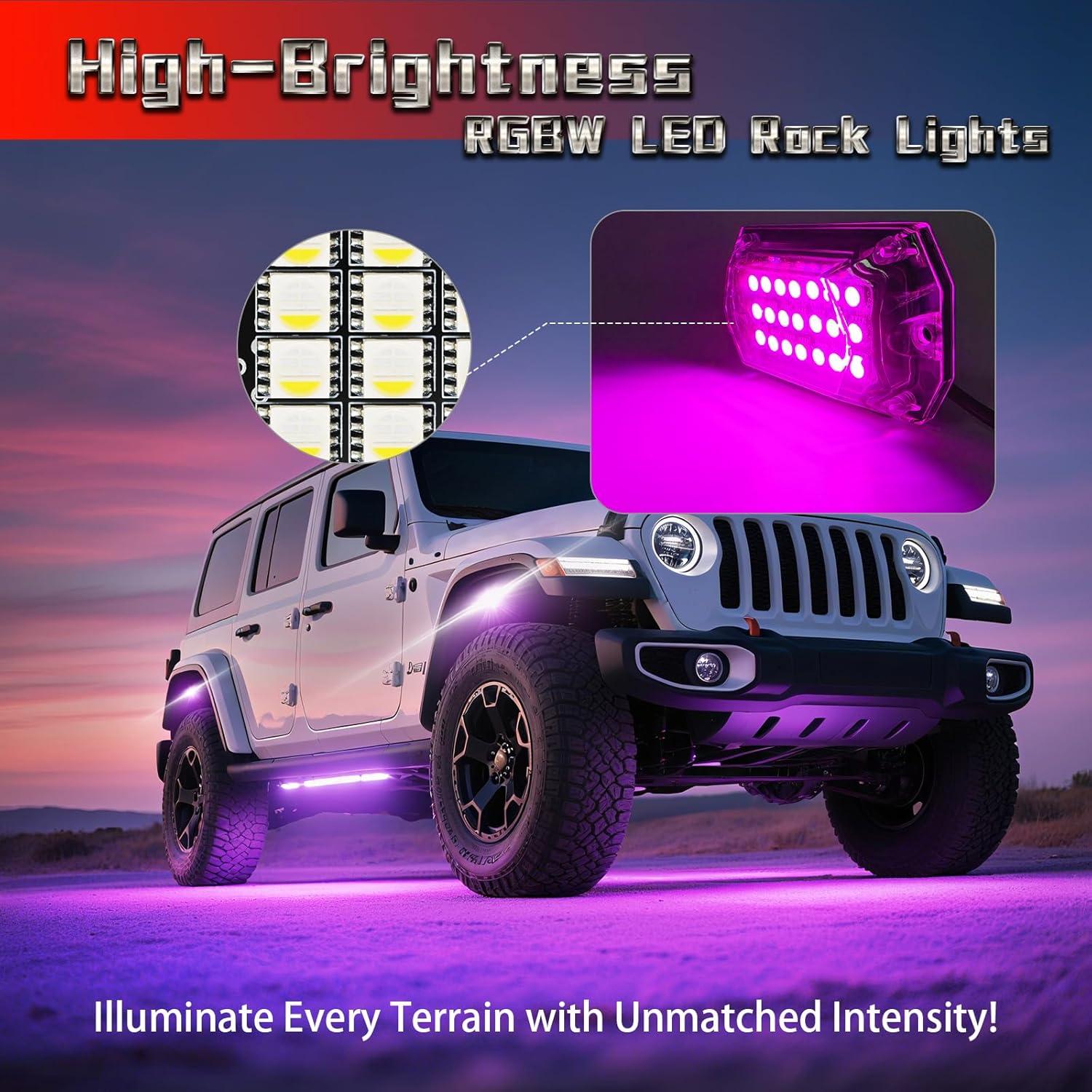 4 Pods Full Angle RGBW LED Rock Lights for ATV UTV RZR SXS Truck Jeeps Offroad,Waterproof Multicolor Neon Underglow Kit with APP/RF Remote, 12V Pure White Underbody Lights