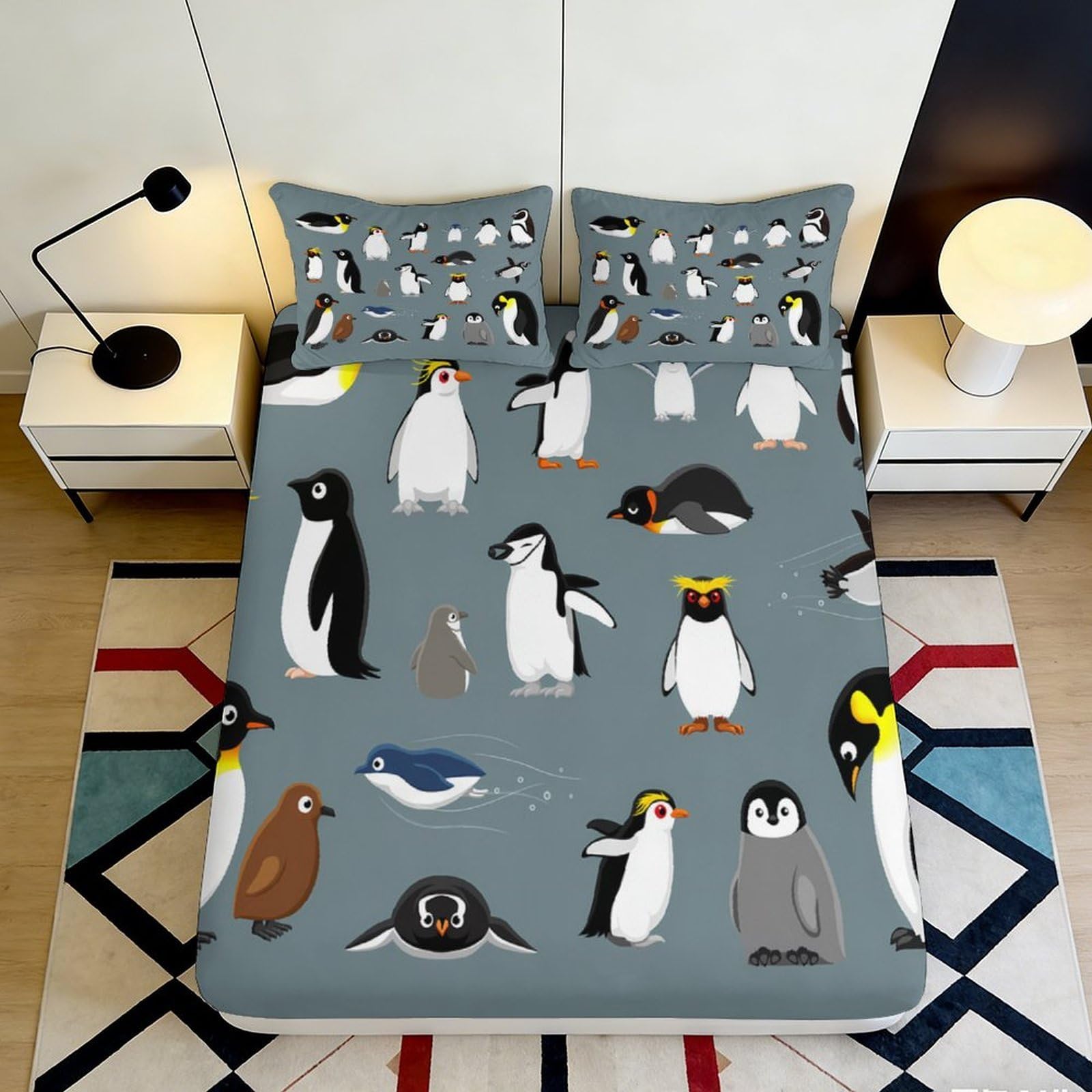 3D Printed Cartoon Penguin Fitted Sheet Microfiber Soft Breathable Animal Mattress Cover for Bedroom Guest Room Decor 90x200x25cm