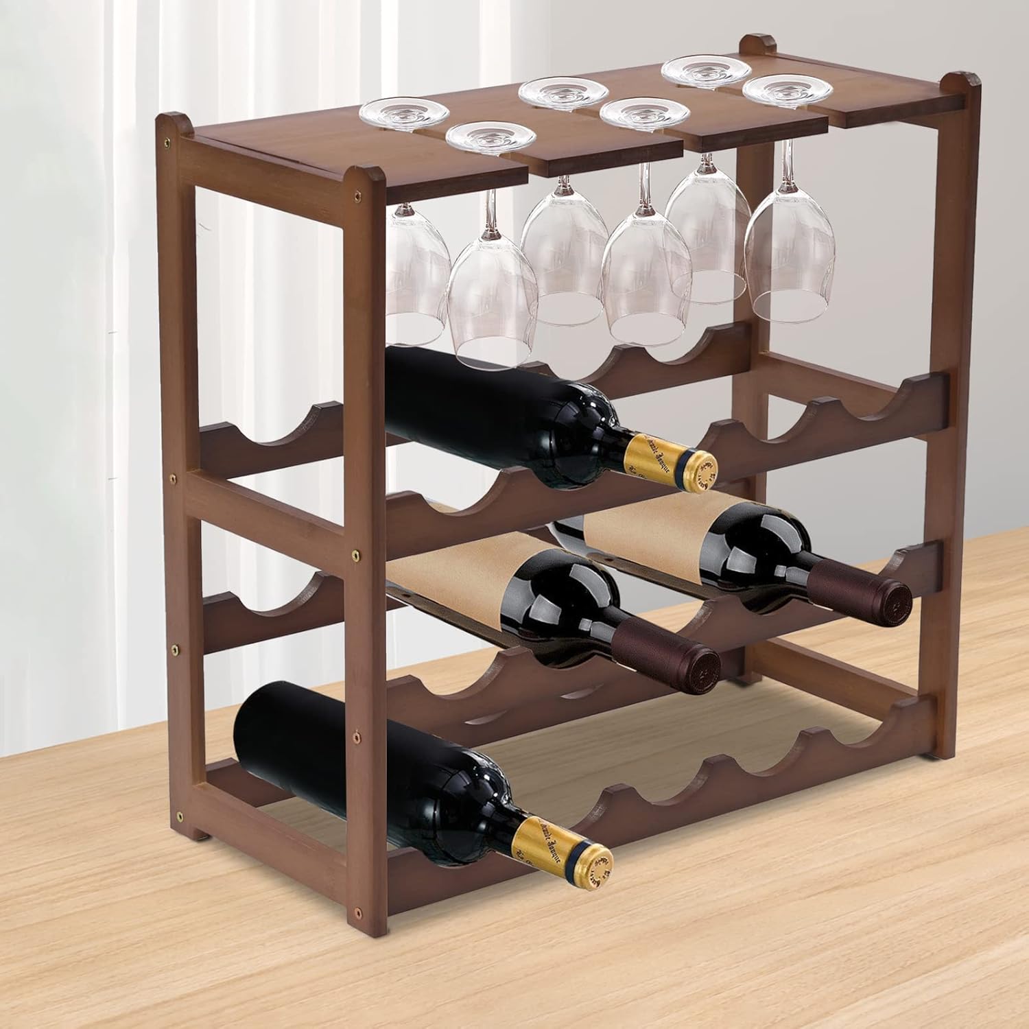 CNCEST 3 Tiers Wood Wine Rack, Tabletop Wine Racks Bamboo