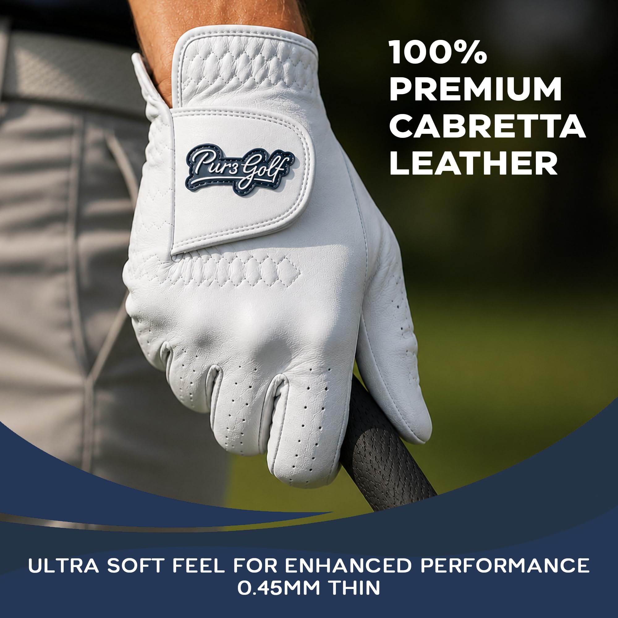 PUR3 - Paquete de 2 guantes de golf para hombre, cuero Cabretta de primera calidad, guante de tacto ultrasuave, marcador de pelota adicional, golfista zurdo o diestro