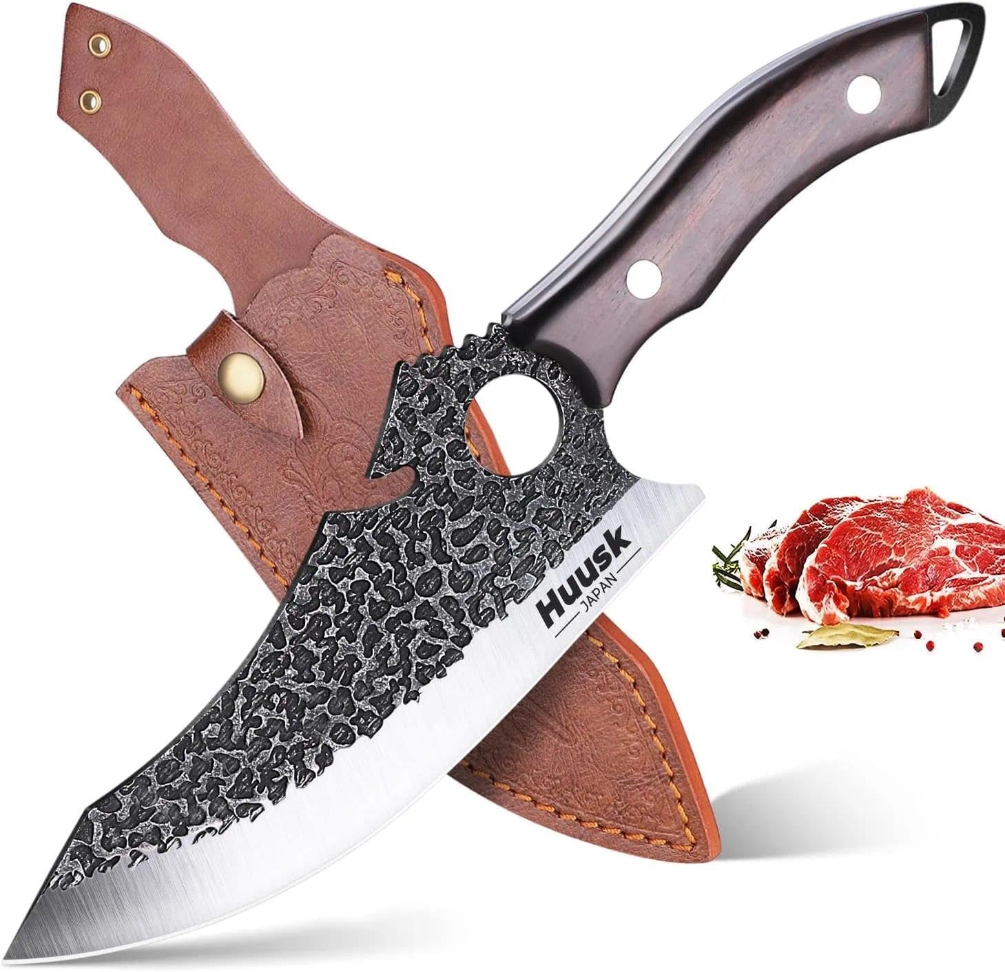 Huusk Japan Knife for Meat Cutting, Caveman Knives for Vegetables Butcher Knife with Full Tang Handle Viking Knives with Opener & Sheath for Kitchen BBQ Camping Christmas Gift for Men and Women