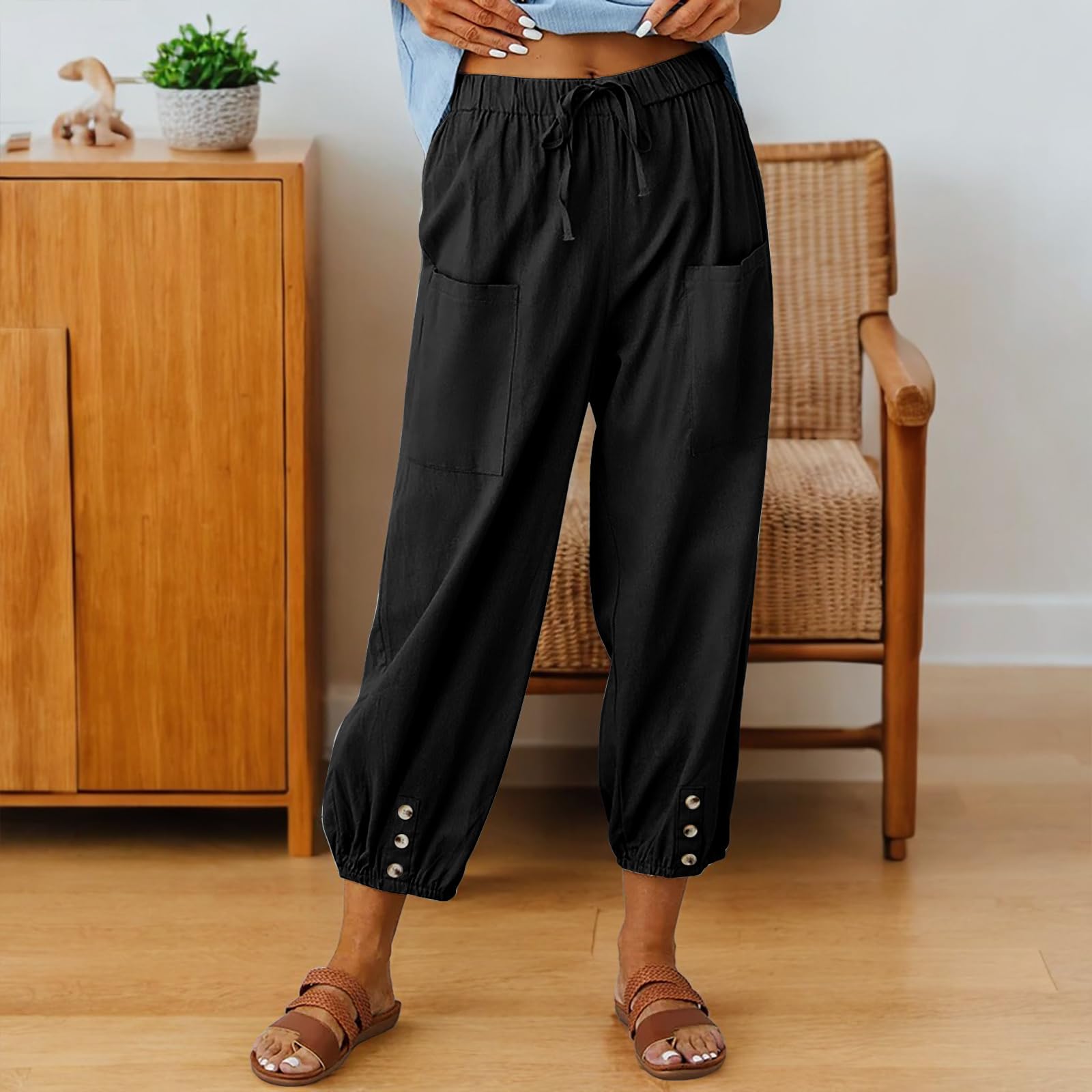 Pantalones Mujer Verano 7/8 Algodón Harem Cintura Elástica Ligeros Playa