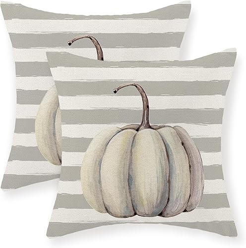 Juego de 2 fundas de almohada de otoño de 18 x 18 pulgadas, diseño de calabaza y rayas, decoración de otoño, de lino, Acción de Gracias, para