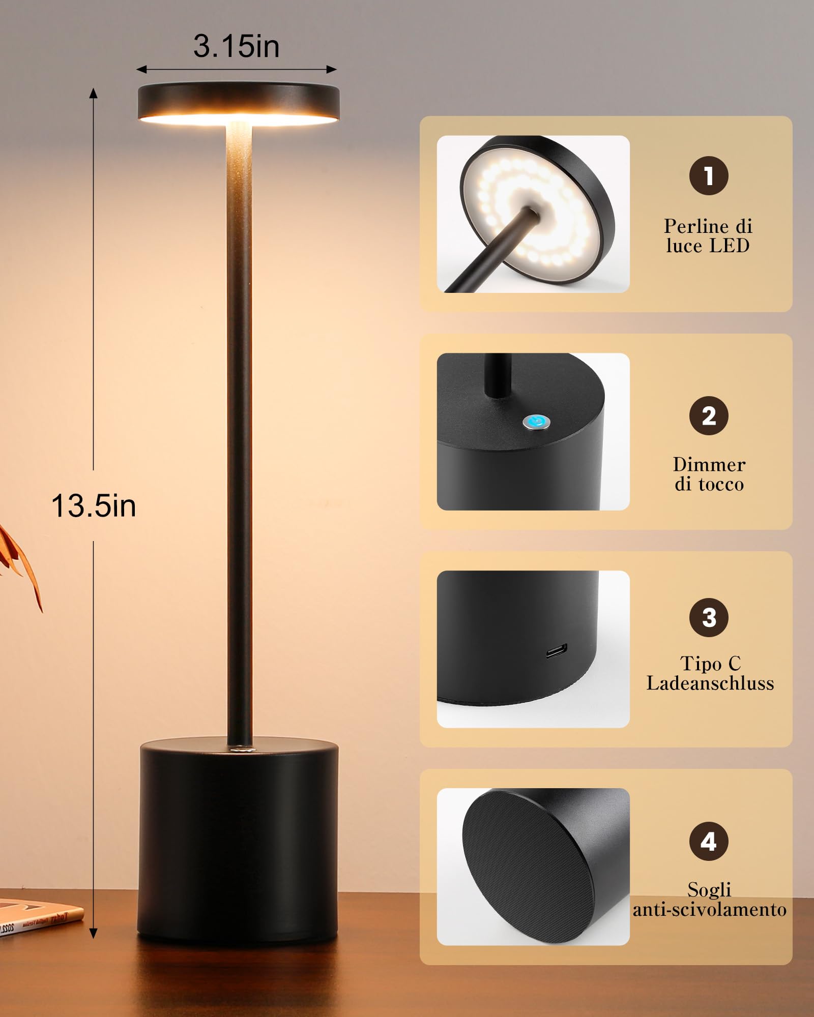 Tischleuchte Kabellos LED 6000 mAh Akku Dimmbar für Außen Innen, 2 Schwarz | 12h touch wasserdicht für outdoor terrasse restaurant led tischlampe akku usb aufladbar dimmbar