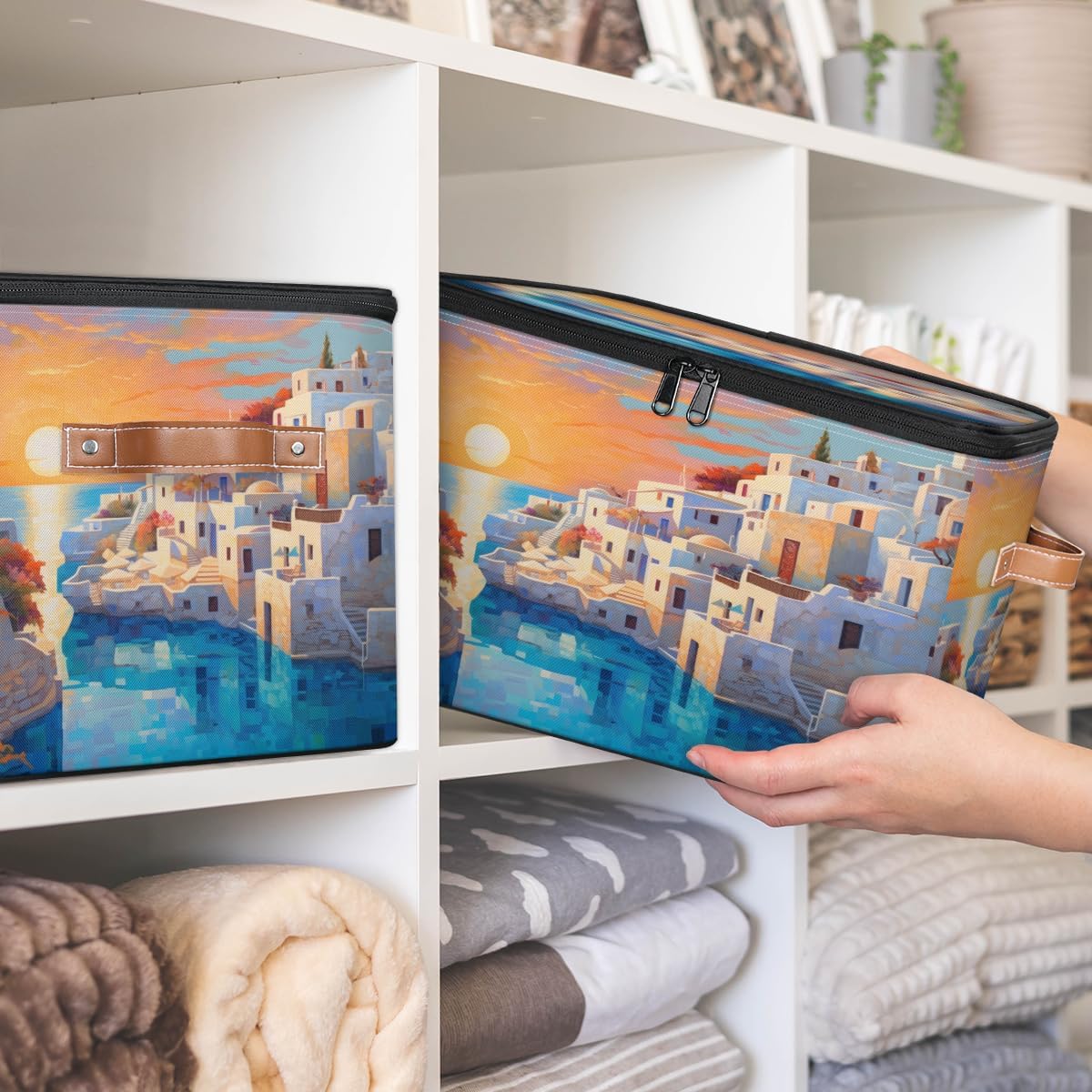 Storage Bin Set of 2 Sunset City Storage Basket with Zipper Lid & Handle Foldable Closet Shelf 2 Pack Cloth Organizer Basket Cube Bins Clothes Organizer for Nursery, Bedroom