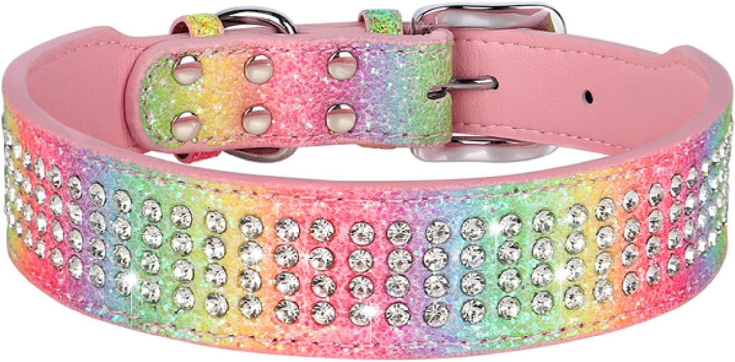 Collar Ancho de Cuero con Diamantes y Brillantes for Perros medianos Grandes, Estilo Bulldog francés(Red,XL)