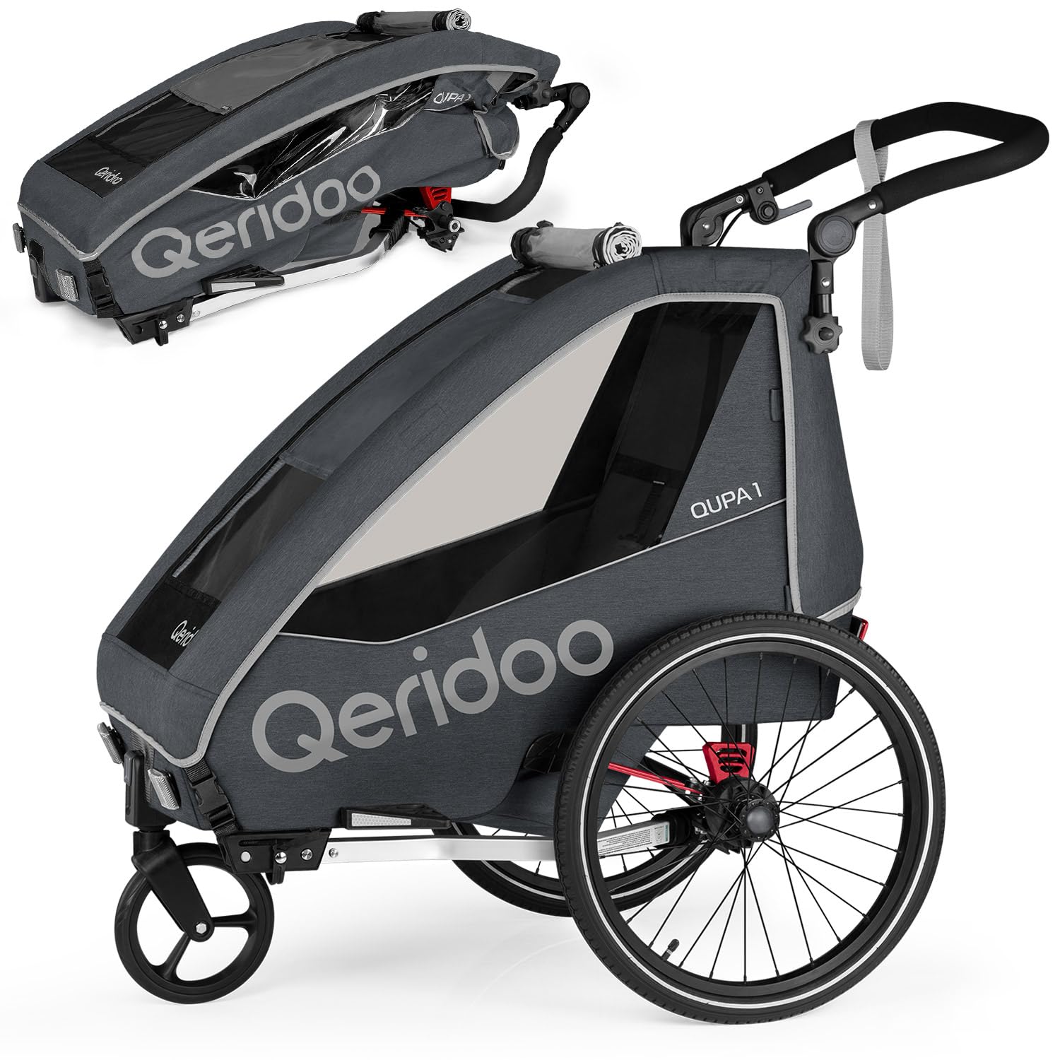 Qeridoo QUPA 1 Grey | Fahrradanhänger 1 Kind | Kinder Fahrradanhänger mit Blattfederung & Handparkbremse | Jogger Kinderwagen | Kinderfahrradanhänger | Kinderbuggy | Fahrrad Anhänger Kinder
