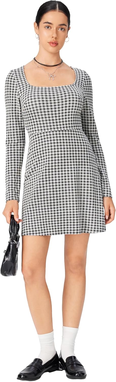 CIDER Gingham Long Sleeve Dress Square Neck A Line Mini Dress - Image 2