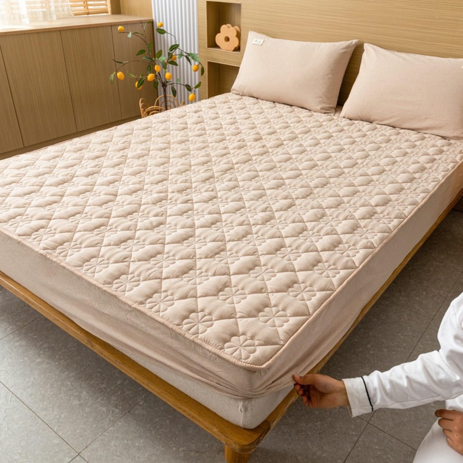 FCLDESHOP Drap de Lit Protège Matelas,Draps-Housses matelassés en Coton,Couvre-lit à Carreaux antidérapants, Doux pour la Peau, pour Chambre à Coucher, Maison de Vacances, Kaki, 180 x 200 cm + 26 cm