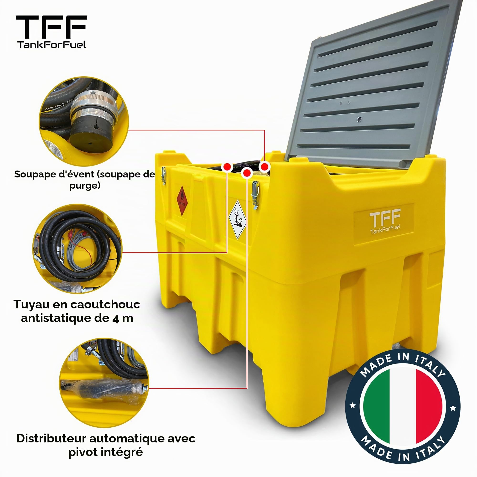 TFF Réservoir Diesel Portable, 440 Litres avec Pompe à Carburant 12V DC débit 40 l/min. Pompe à Diesel avec Câble Connexion Batterie et Tuyau Flexible 4 m avec Pistolet de Ravitaillement Automatique
